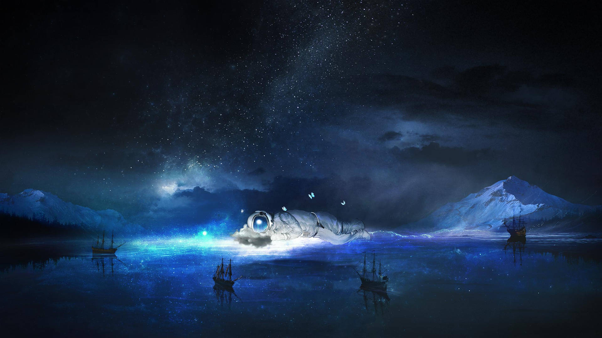 An astronaut drifts away on board a surreal dream boat. Wallpaper