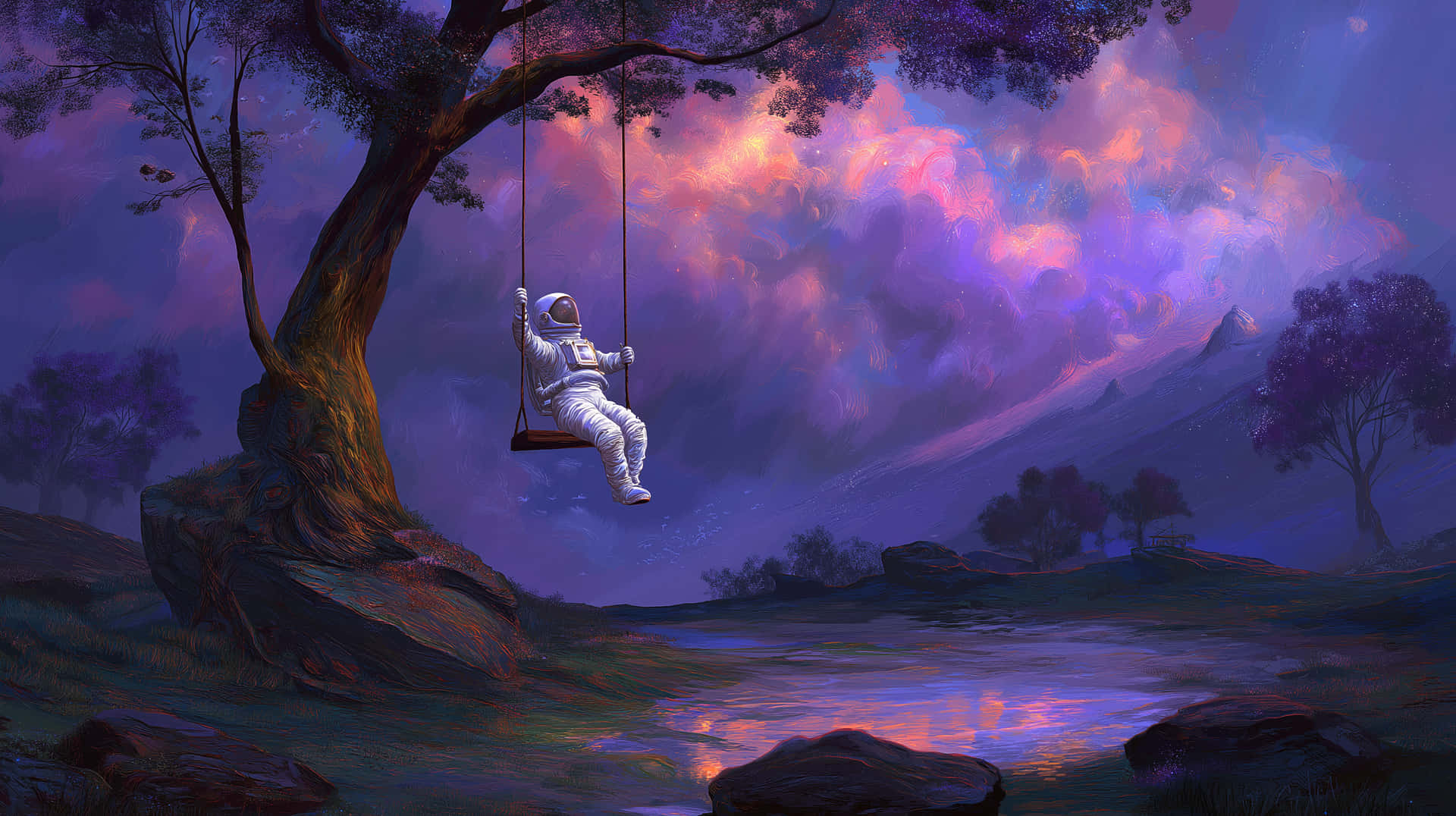 Astronaut On Swing In Mystical Purple Landscape Wallpaper