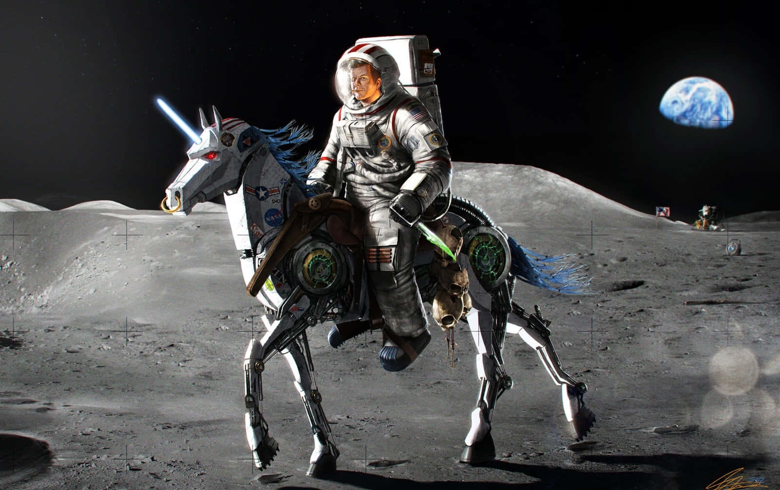 Astronaut_ Riding_ Mechanical_ Unicorn_ On_ Moon Wallpaper