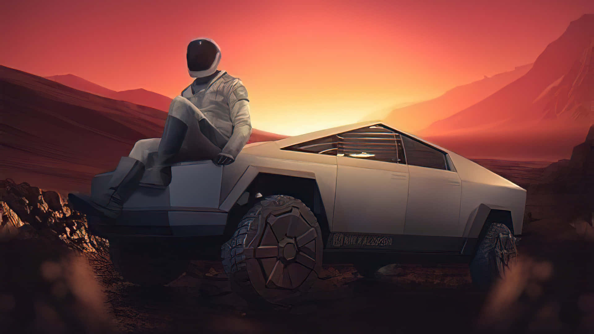 Astronaut_ Zittend_op_ Futuristische_ Auto_ Mars_ Zonsondergang Achtergrond