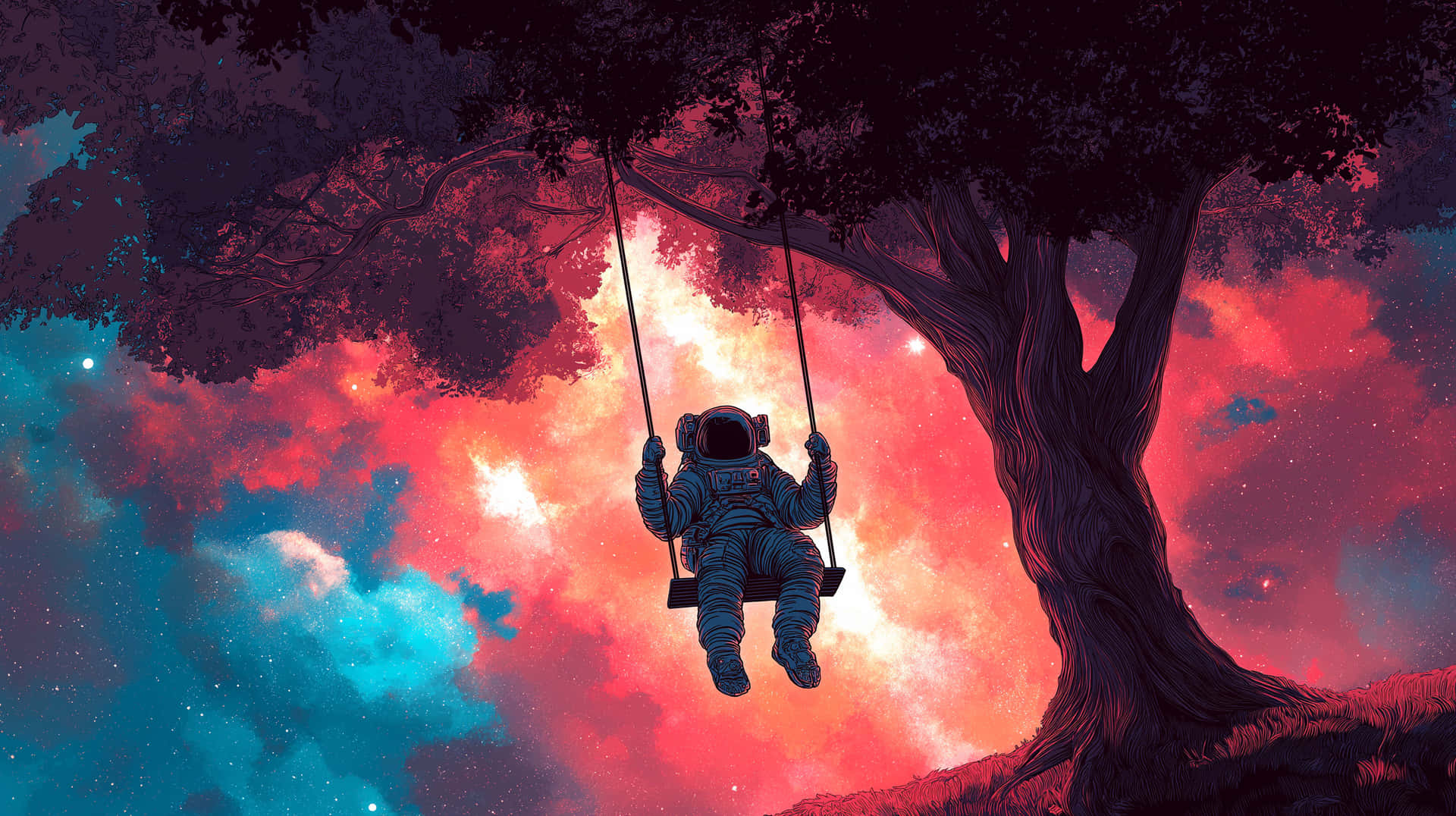 Astronaut Swinging On Tree With Cosmic Sky Wallpaper