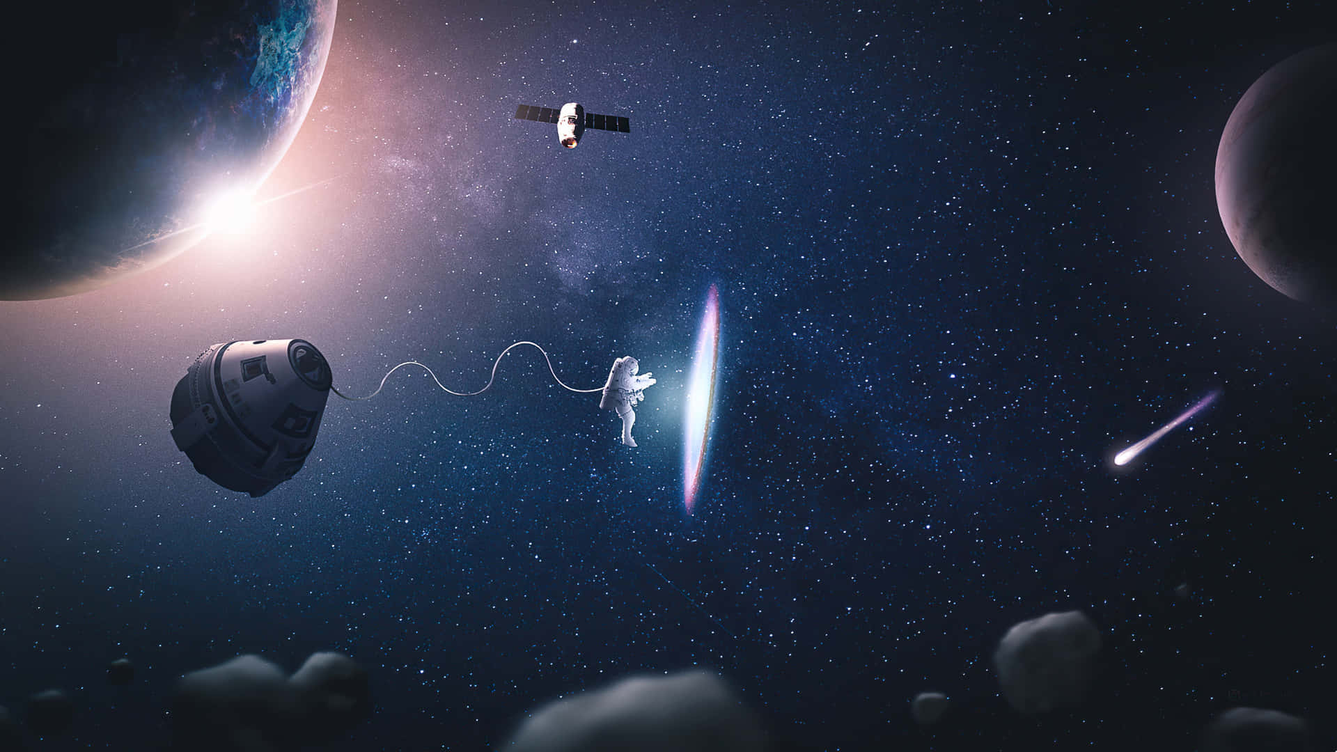 Astronaut_ Tethered_to_ Spacecraft_in_ Cosmos.jpg Wallpaper