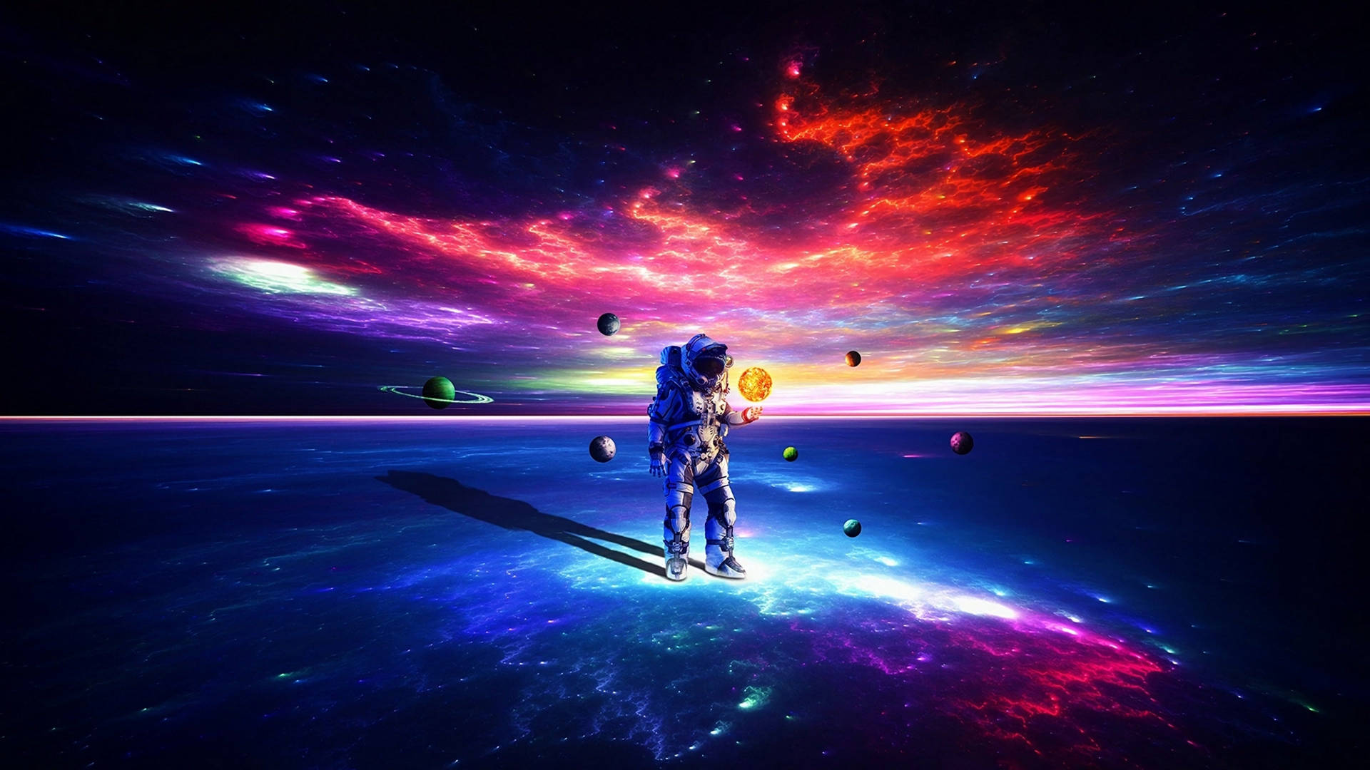 Astronaut Walking On Neon Planet Wallpaper