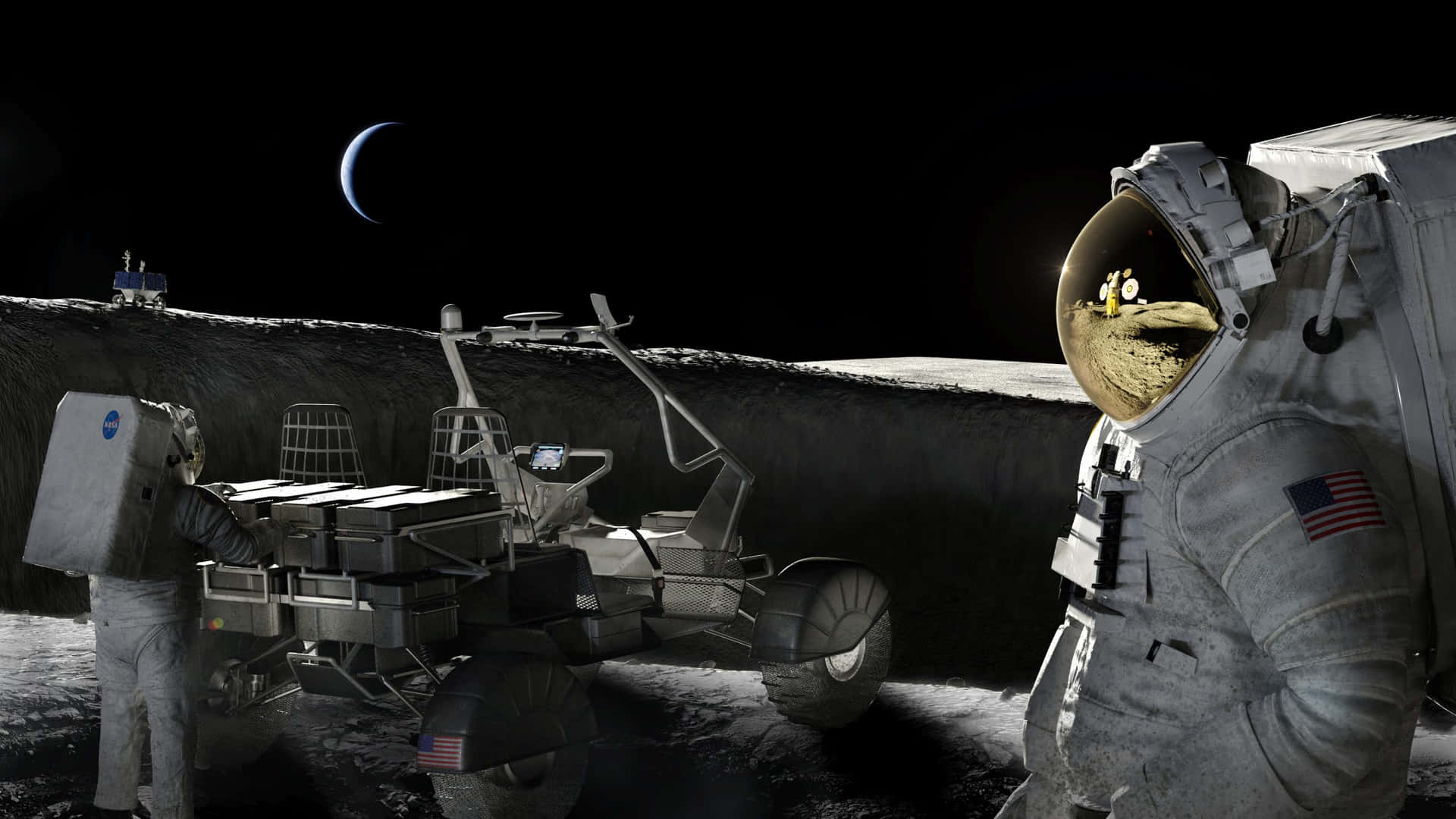 Astronauts_and_ Lunar_ Rover_on_ Moon Wallpaper