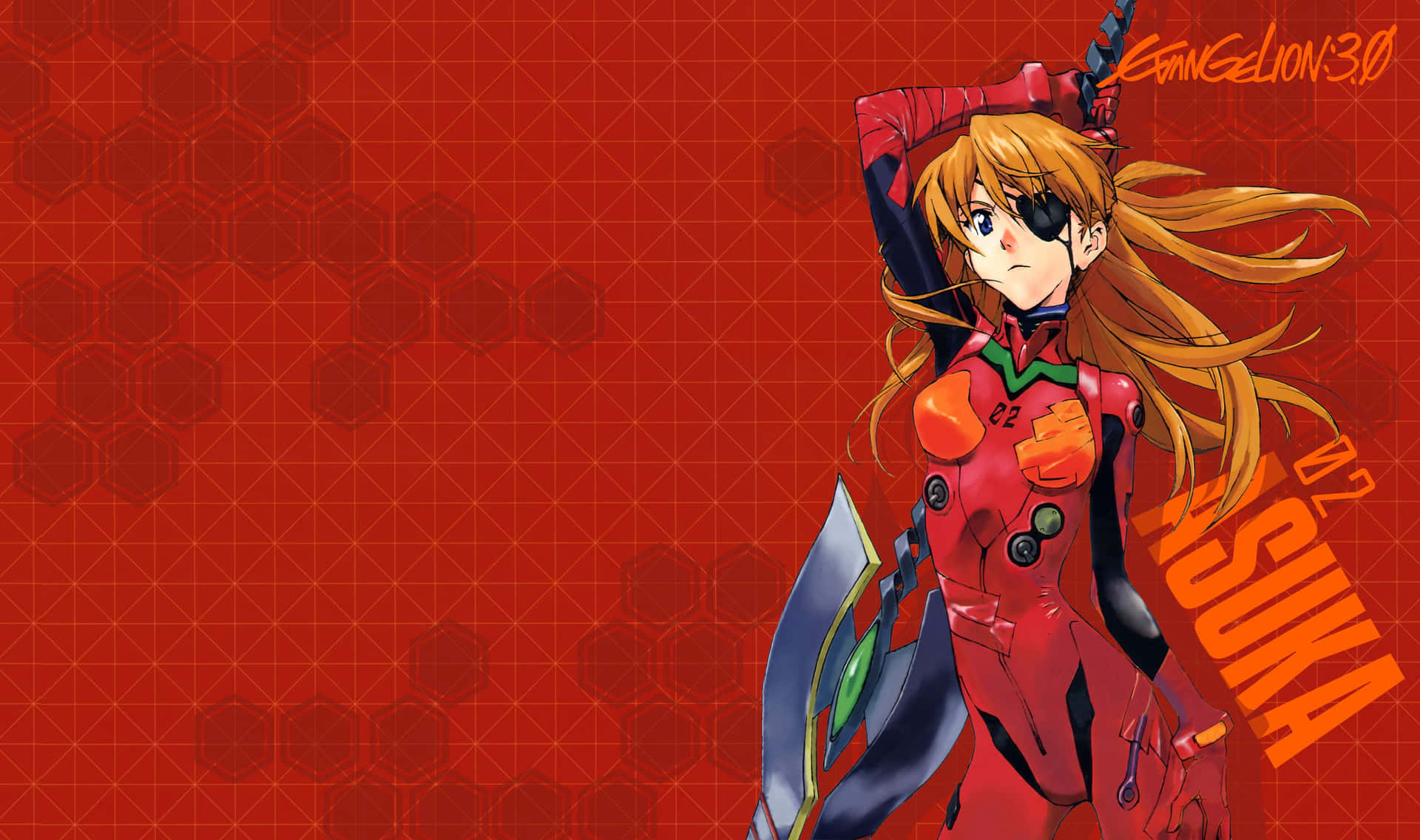 Asuka Langley Soryu glares intently wearing her plugsuit and headset in front of dazzling colors Wallpaper