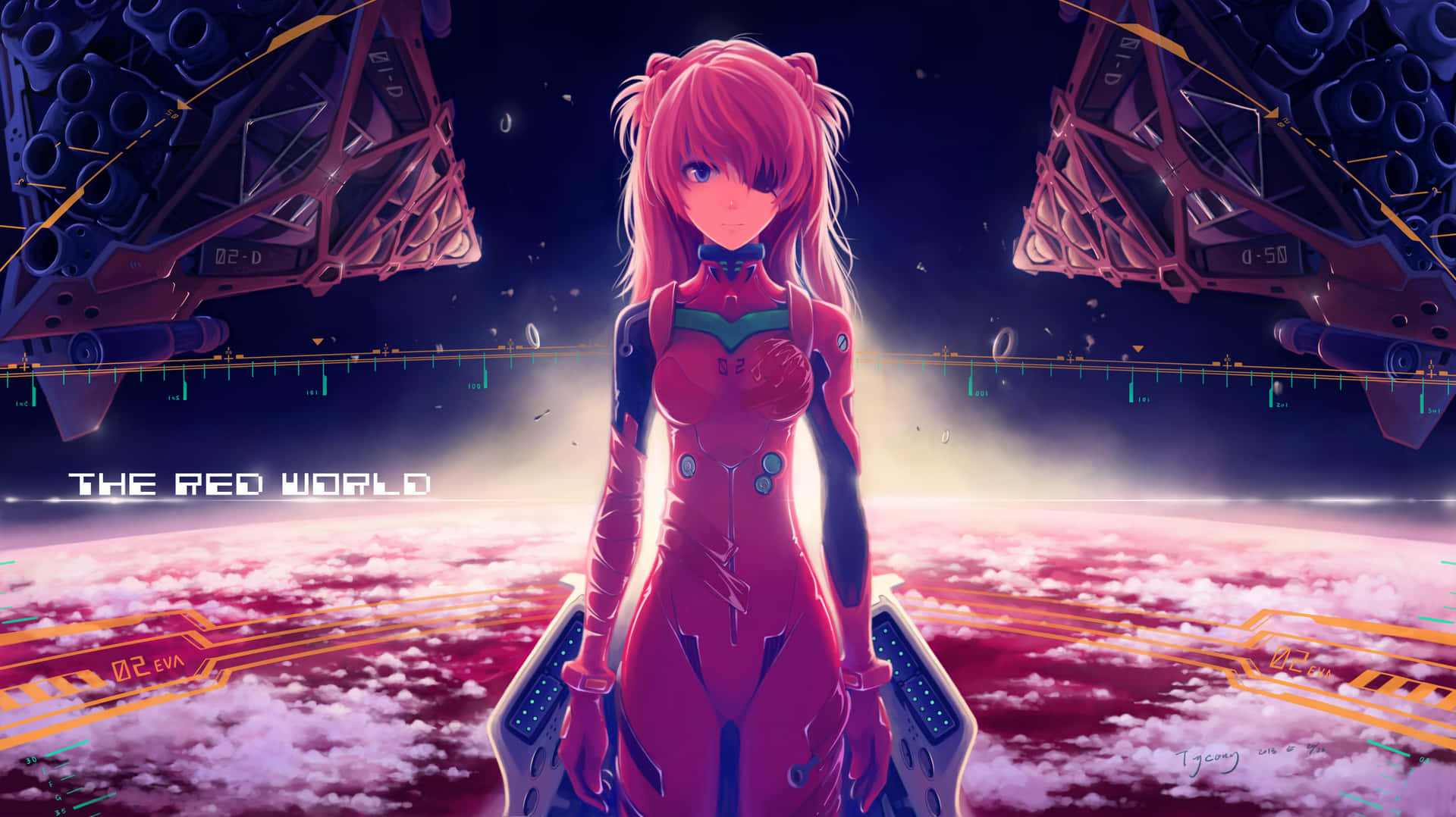 Asuka Langley Soryu posing in her signature red pilot suit. Wallpaper