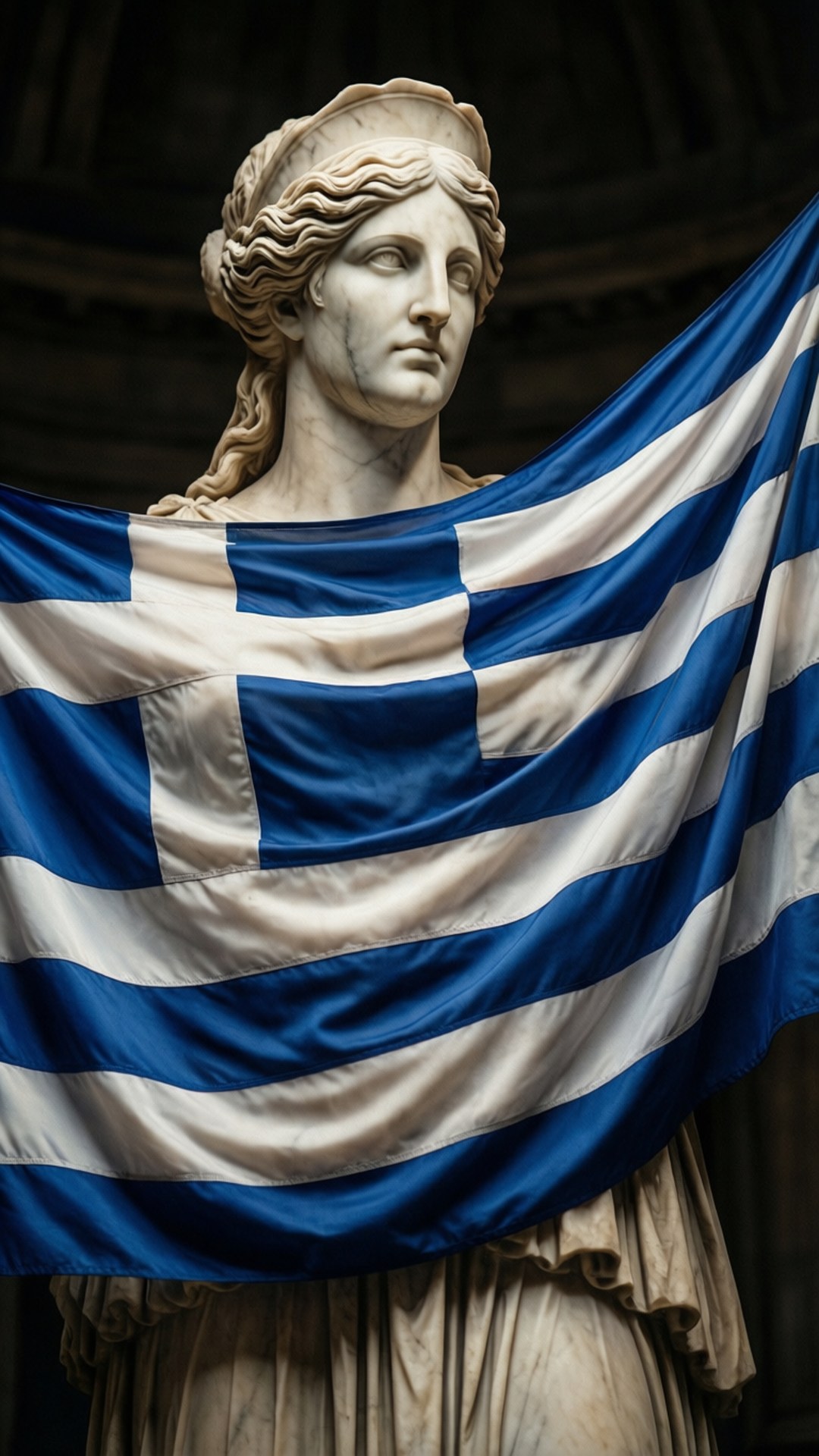 Grekisk flagga täcker staty av Athena