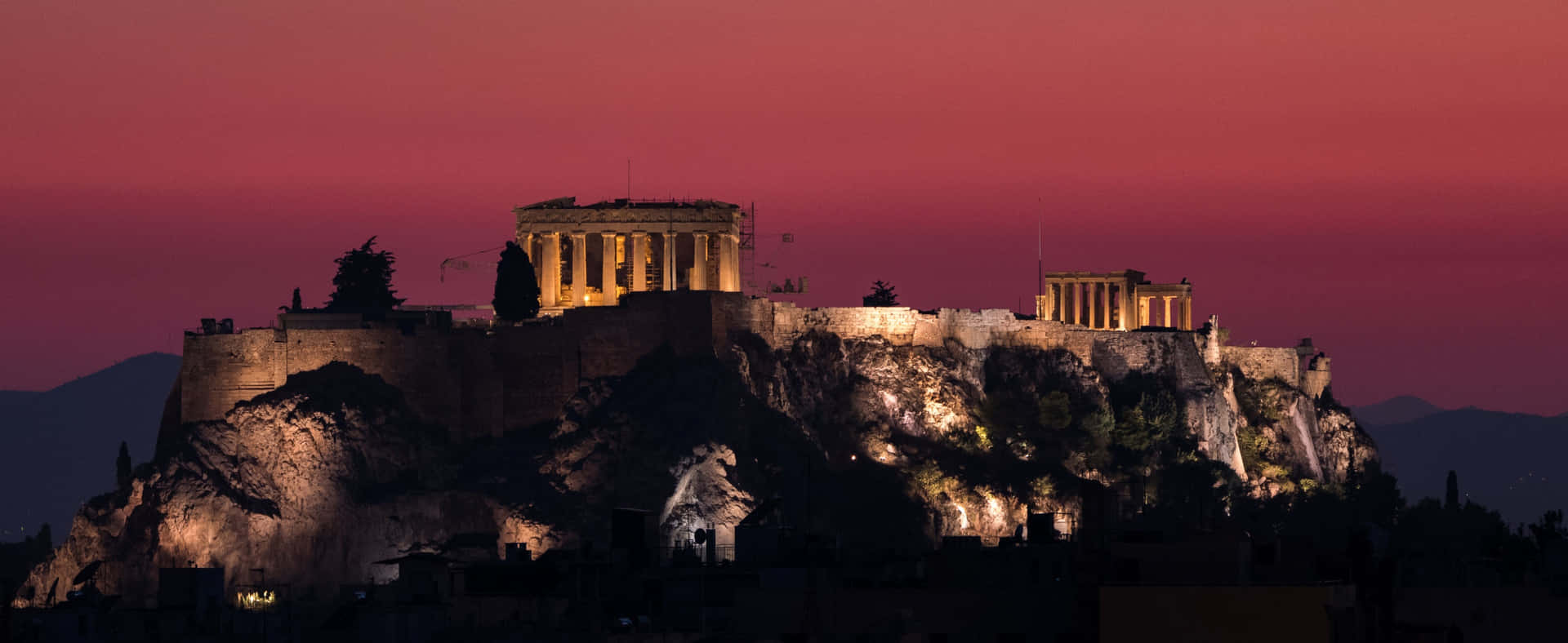 Athenian Acropolis Crimson Glow Sky View Wallpaper