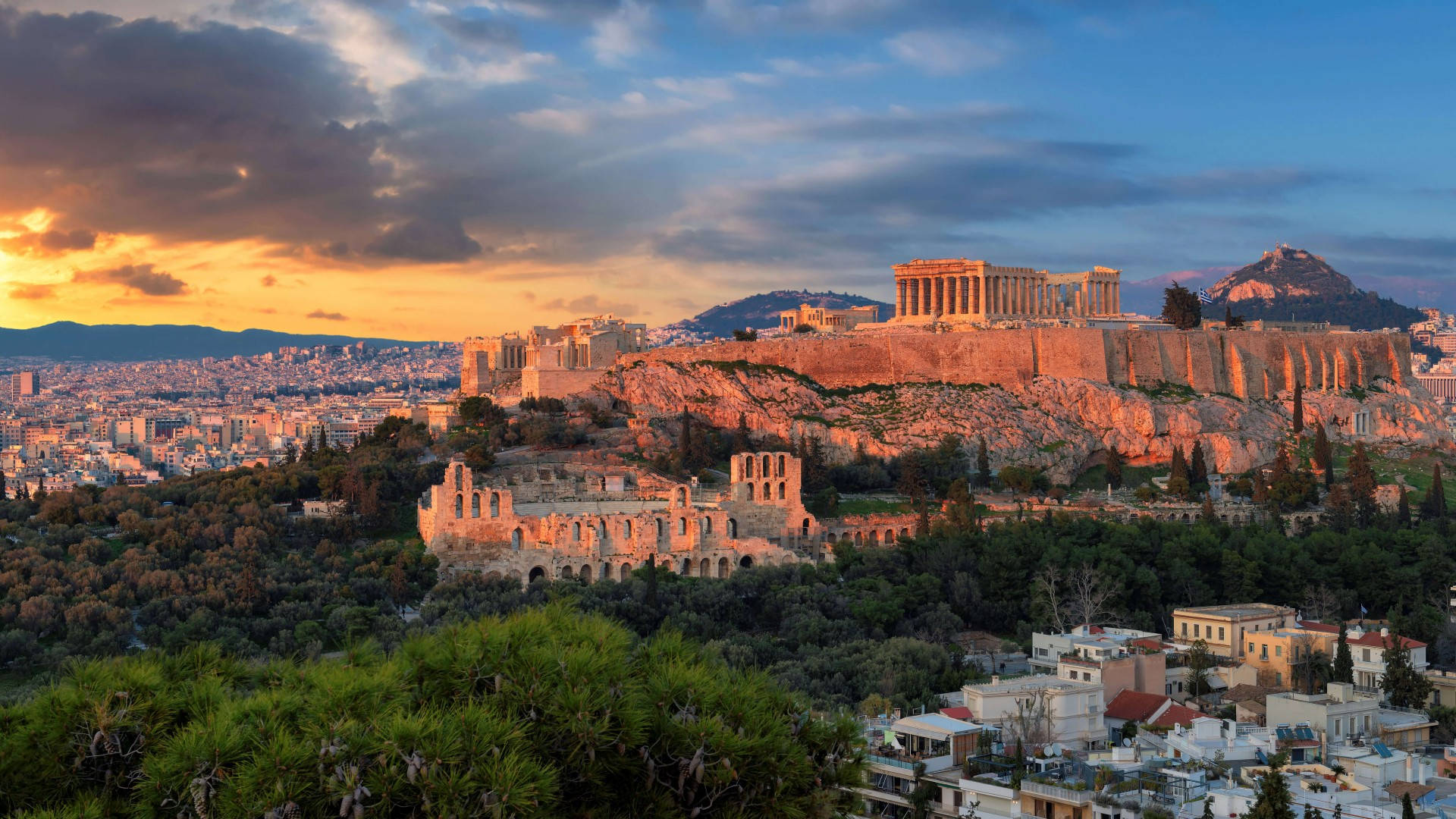 Vistade La Acrópolis De Atenas, Grecia. Fondo de pantalla