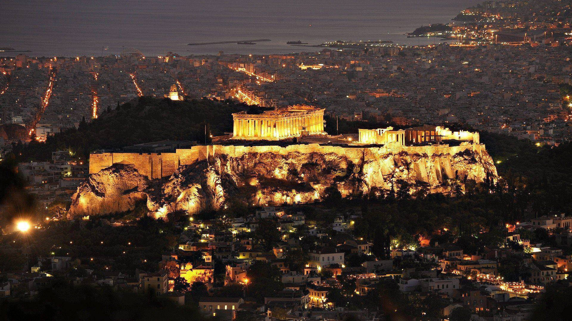Partenone Di Atene Nella Notte Sfondo
