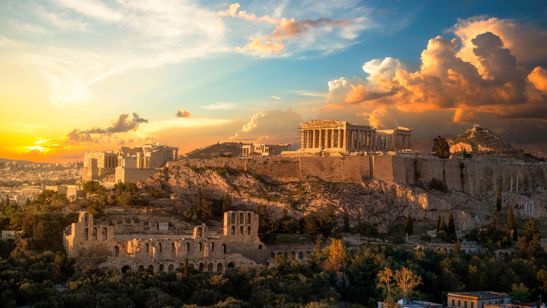 Athens Sunset Acropolis Mount Lycabettus Wallpaper