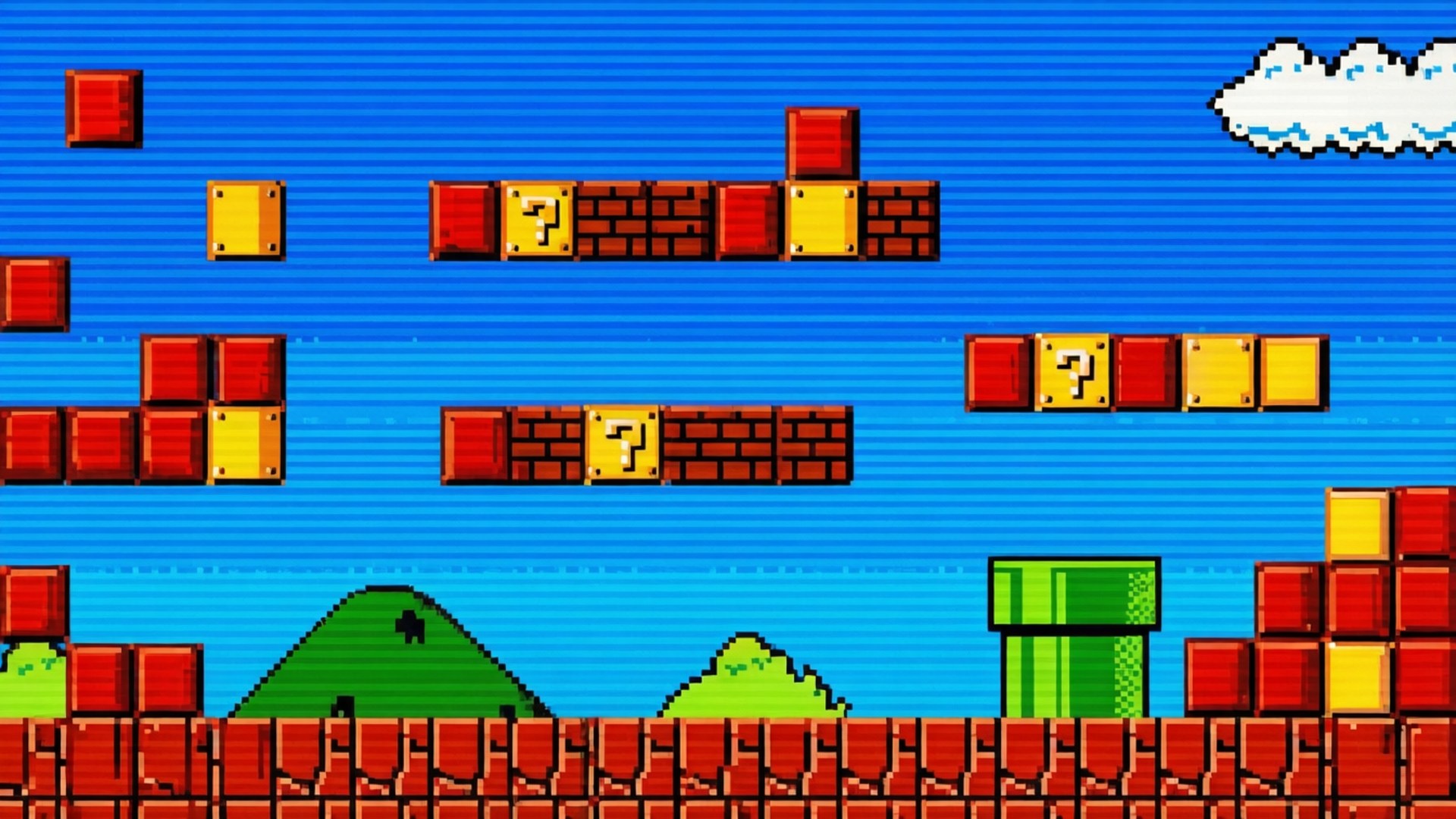 A pixelated fast-paced Mario level background.