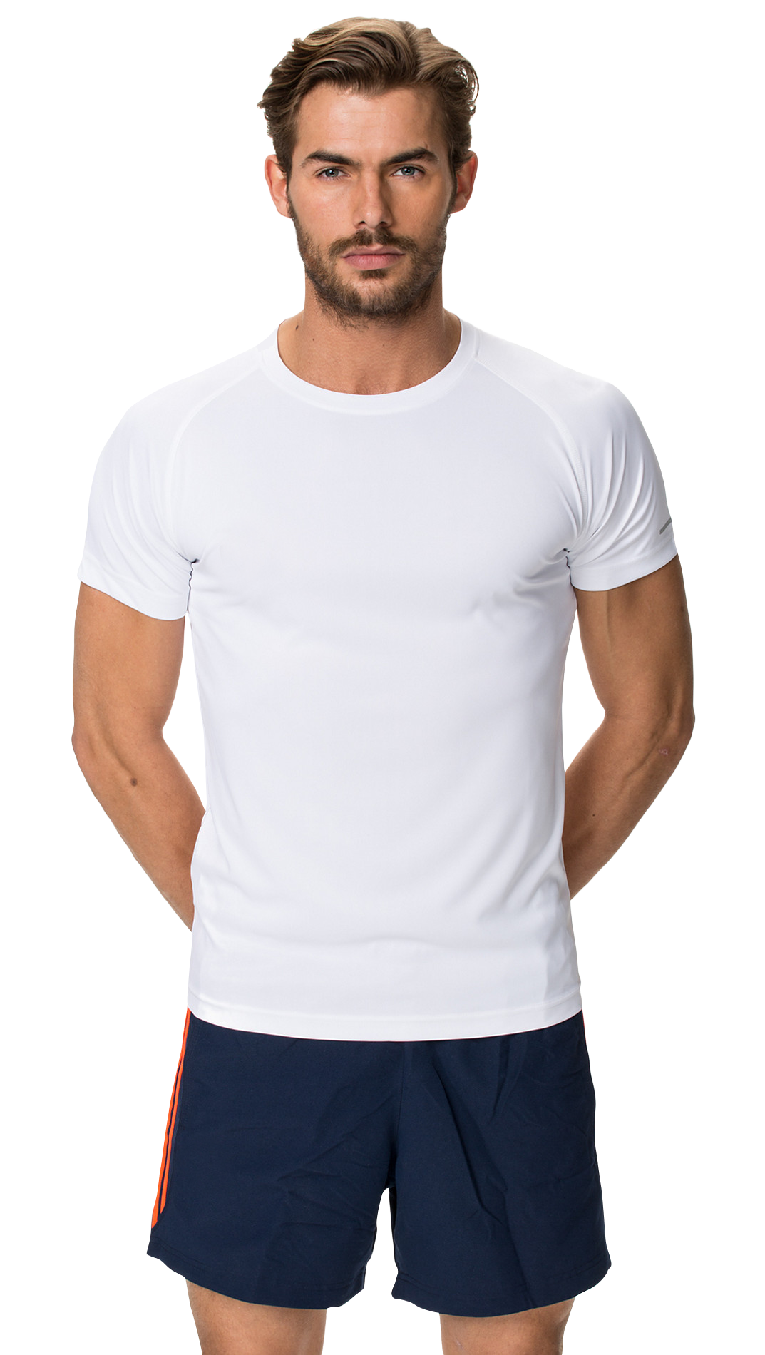 Athletic Man White Shirt Navy Shorts PNG