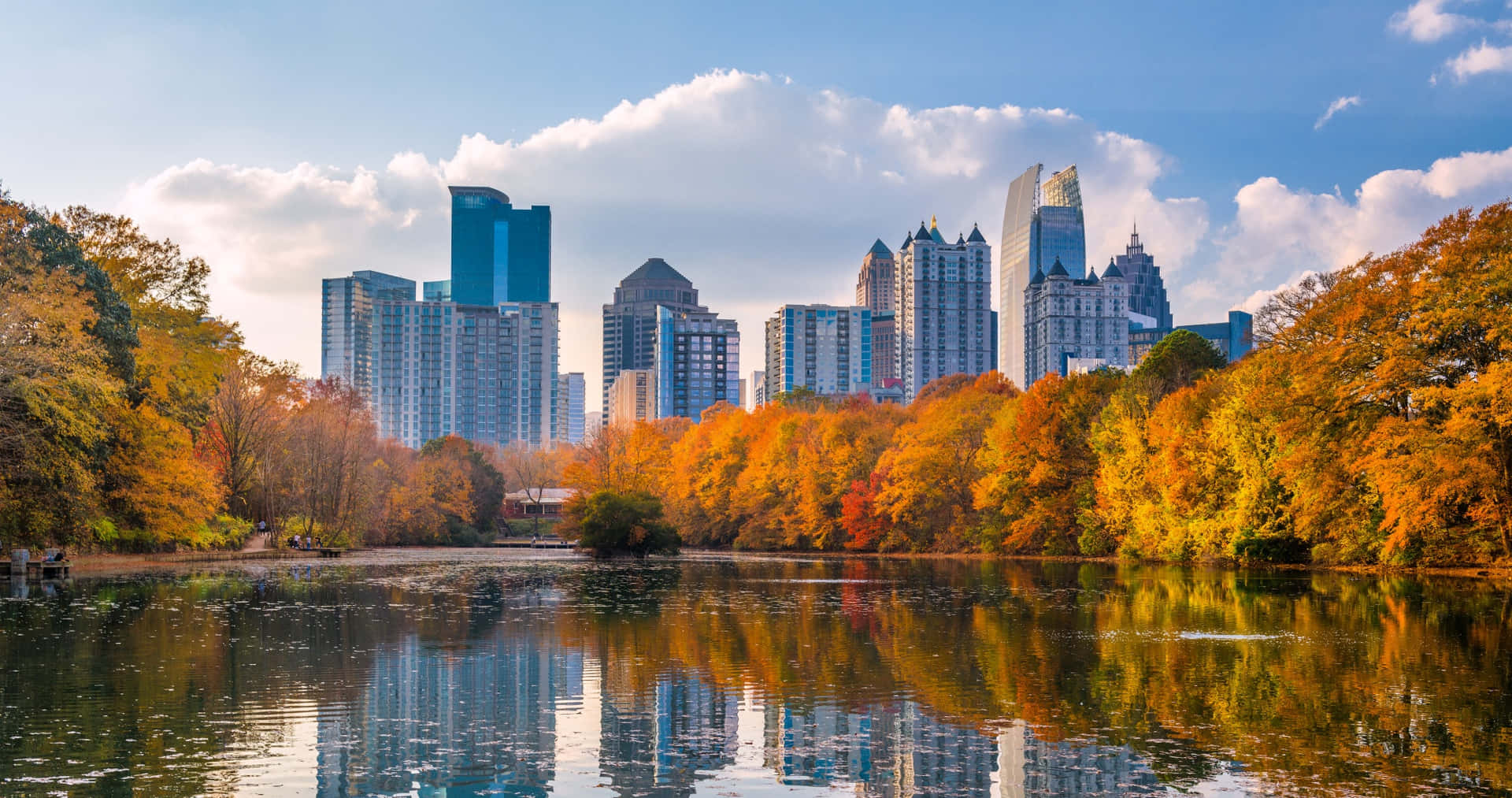 Atlanta Cityscape With Autumn Trees And A Lake