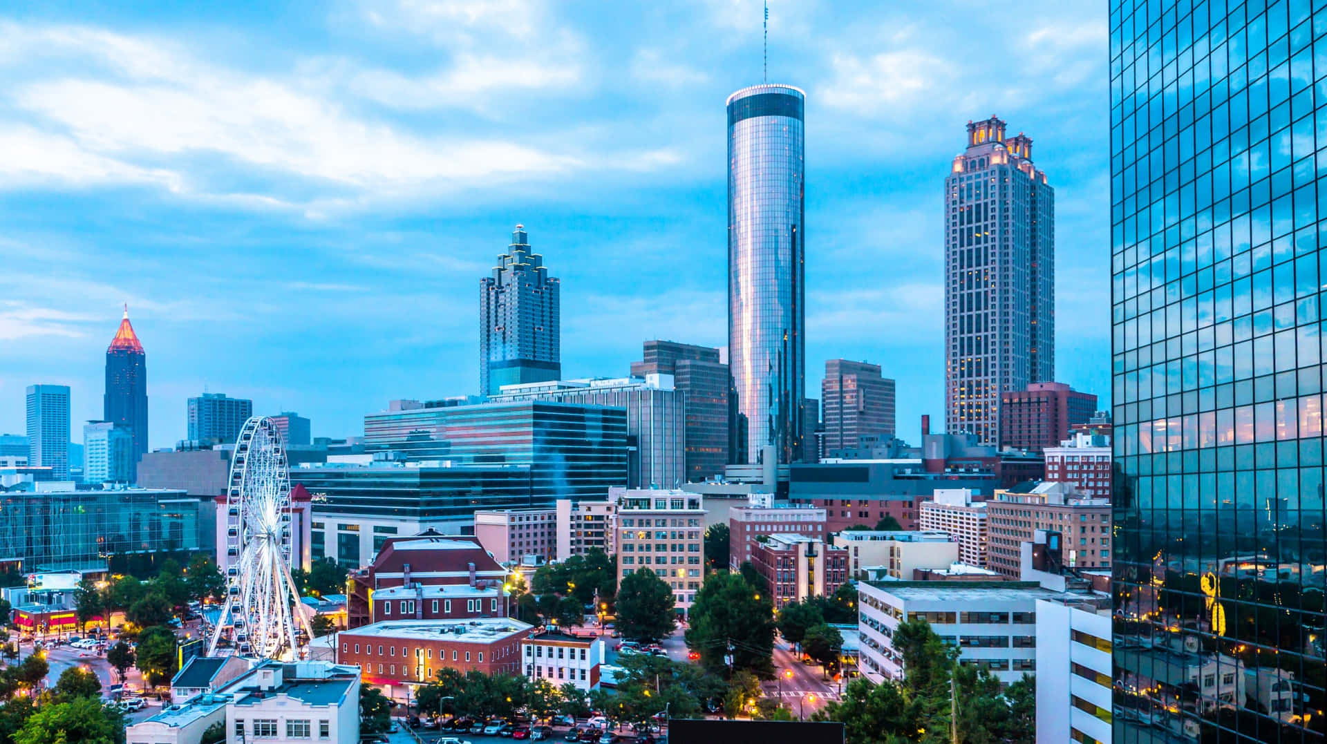 The illuminated skyline of Atlanta Georgia reflecting off the Chattahoochee River
