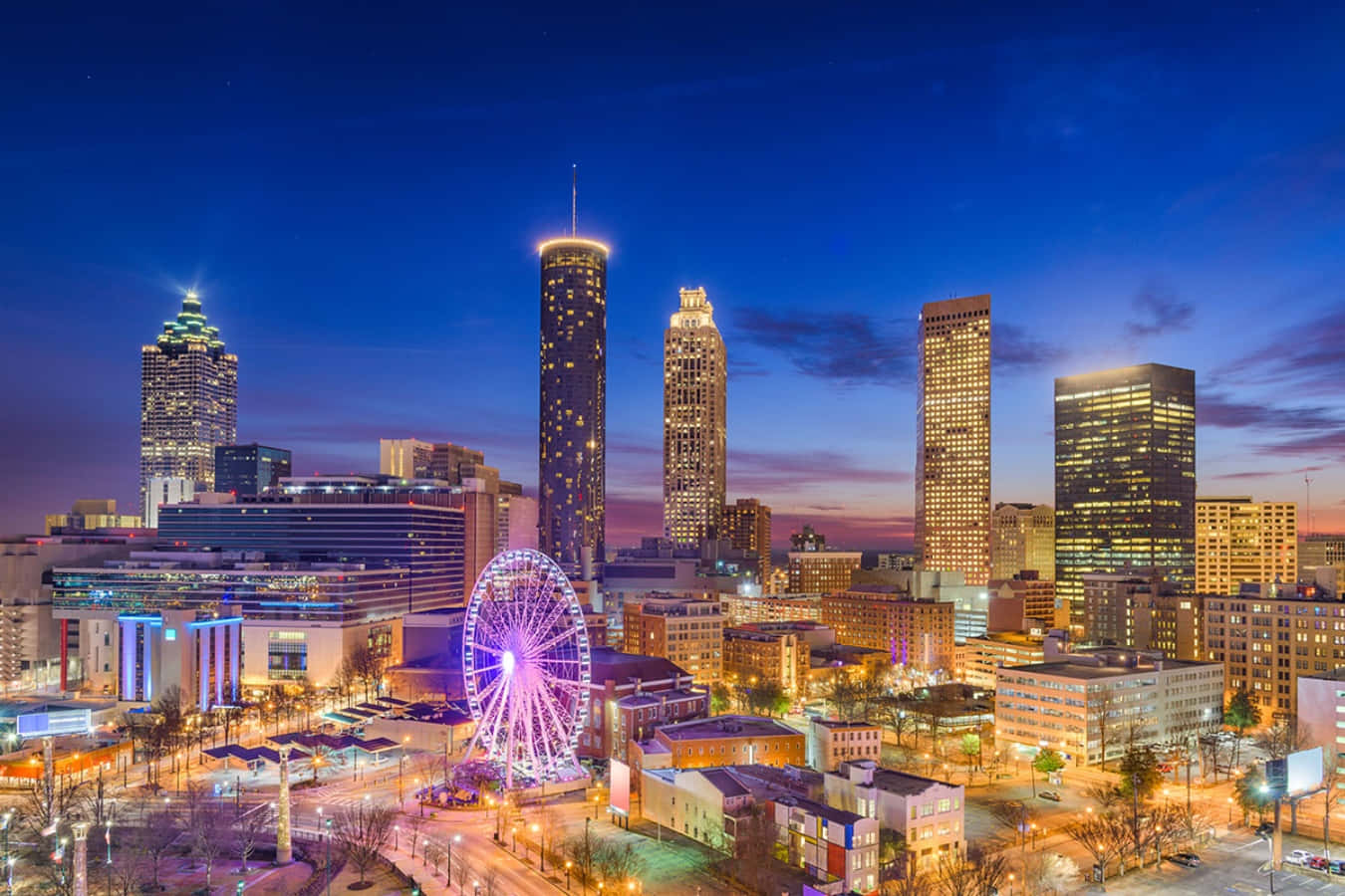 Atlanta Skyline At Night With Ferris Wheel