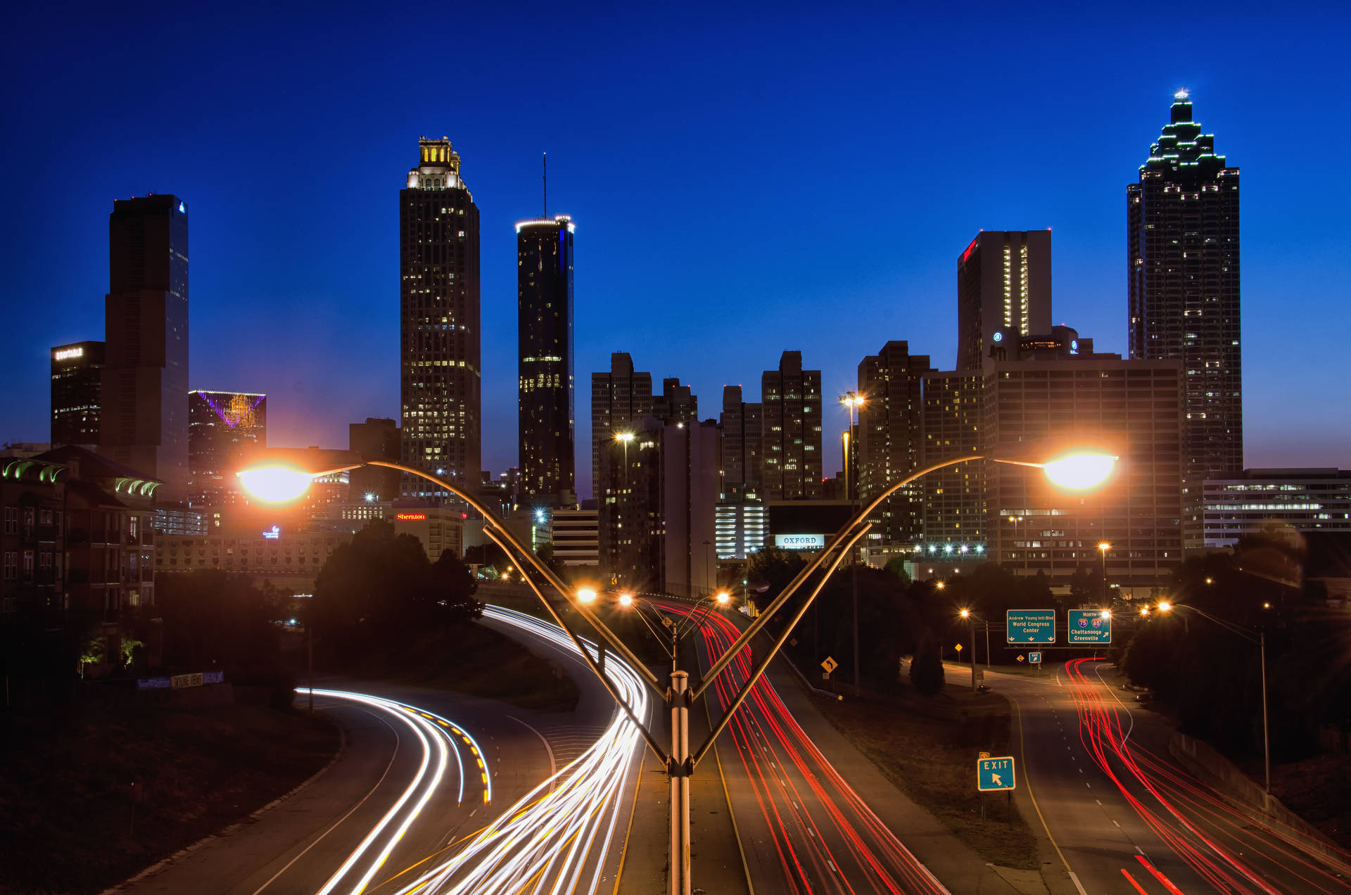 Atlanta Skyline With Trail Lights Wallpaper