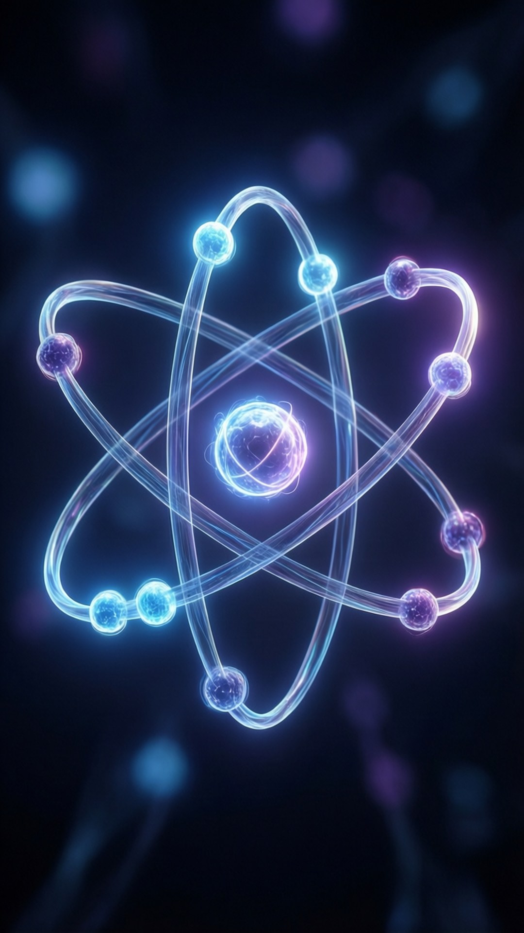 Atomihehku Taustakuvat — Valaistu atomimalli tummaa taustaa vasten, symboloi ydintiedettä.