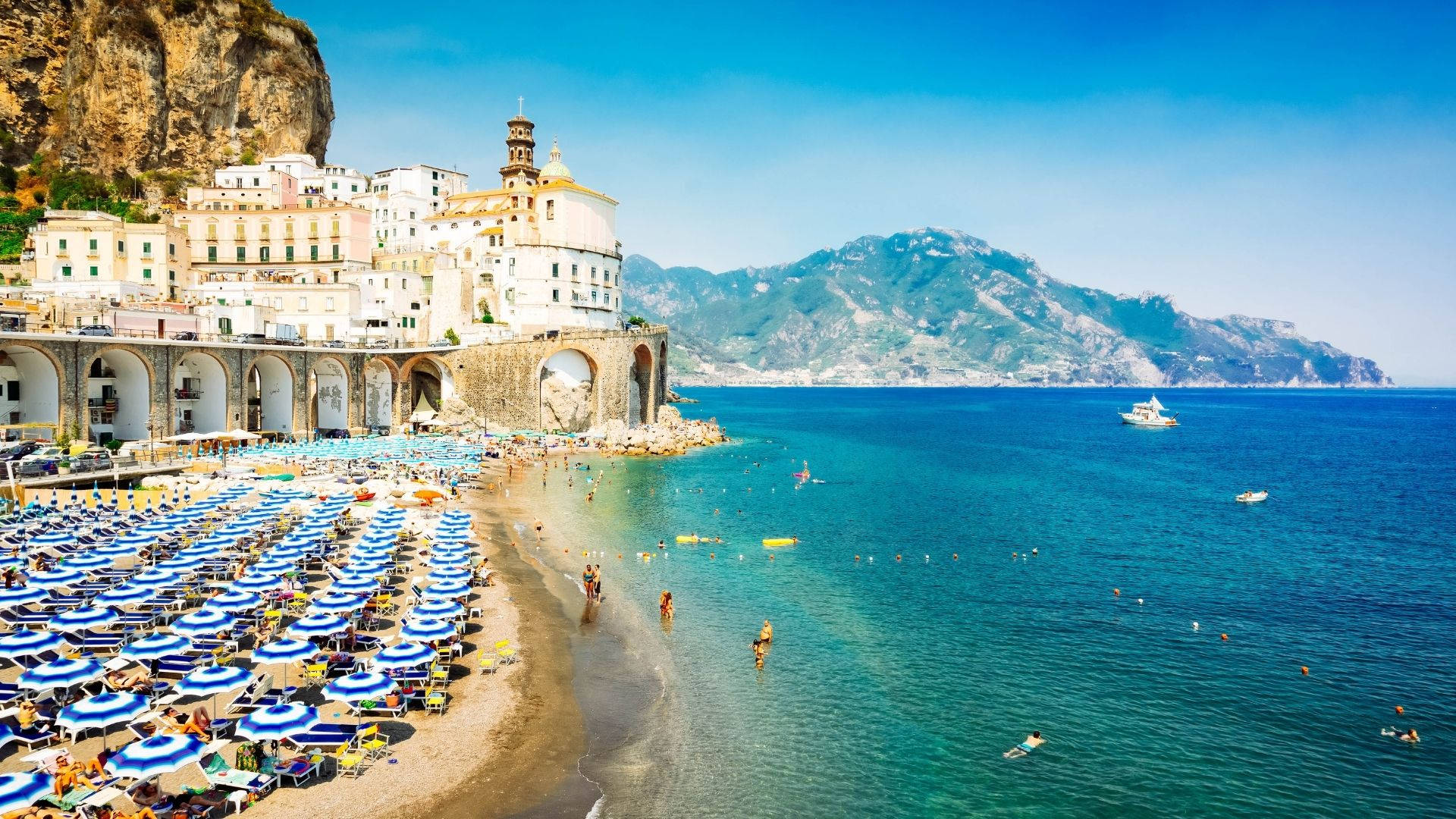 Atrani Blue Ocean Beach In Amalfi Coast Wallpaper