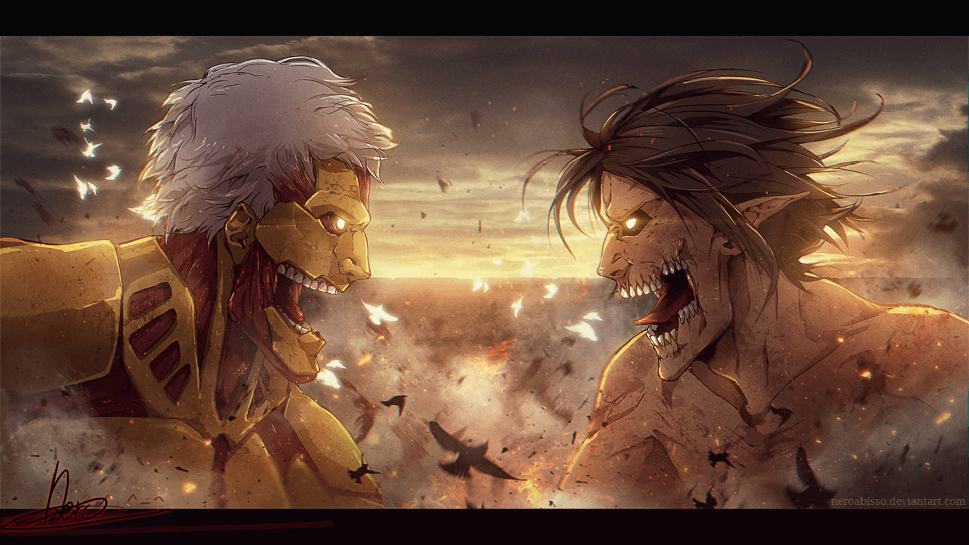 The Epic Battle between the Armored Titan and Attack Titan Wallpaper
