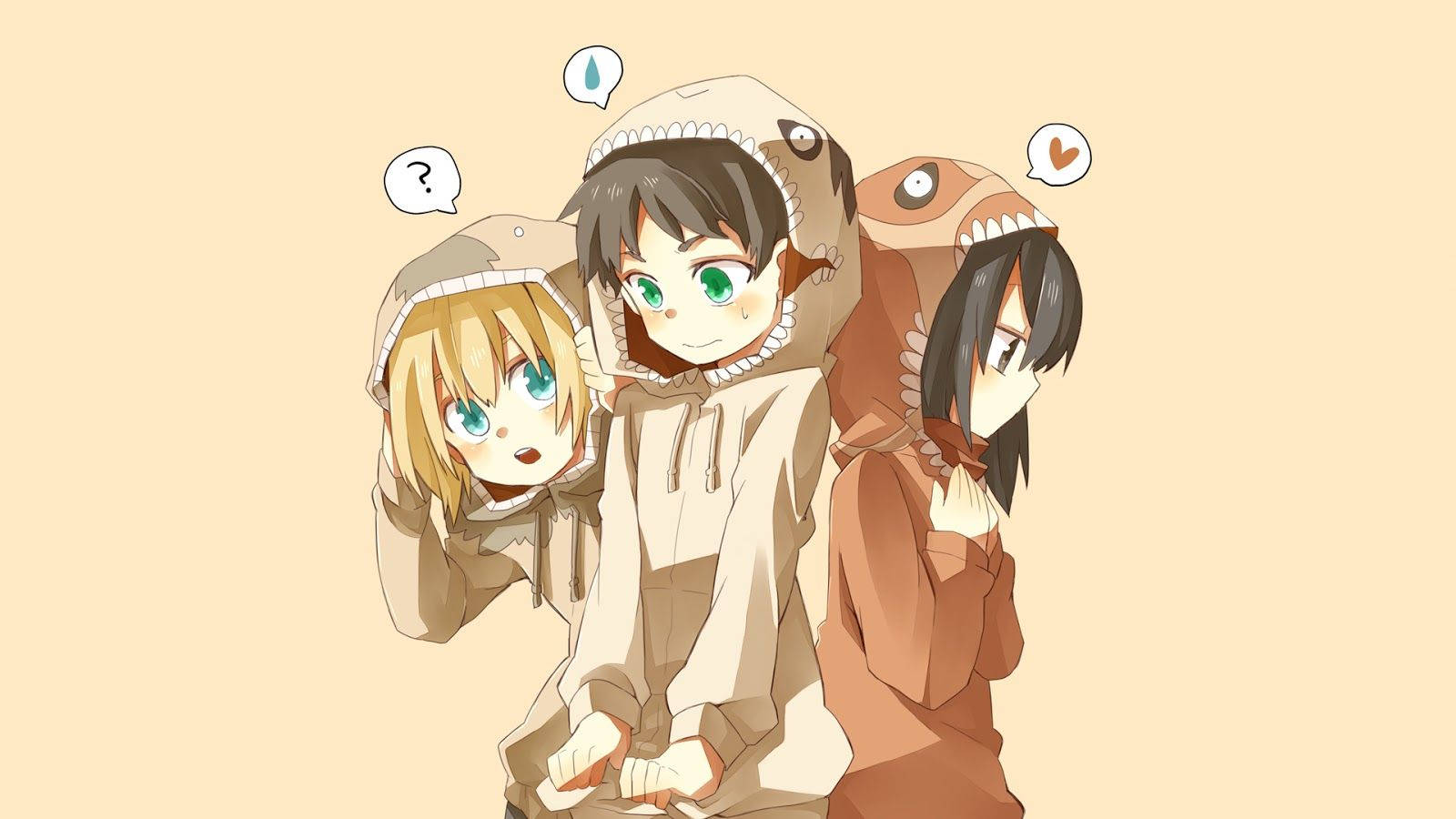 Eren, Armin, and Mikasa stand ready to take on the titans. Wallpaper