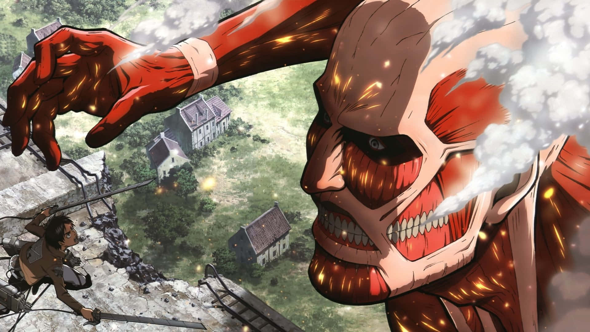 Brave warriors battle giant Titans in Attack On Titan Season 1 Wallpaper