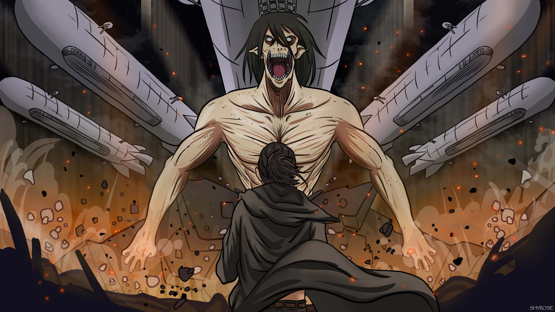 Eren Yeager battles giant Titans to protect the walls of his home Wallpaper