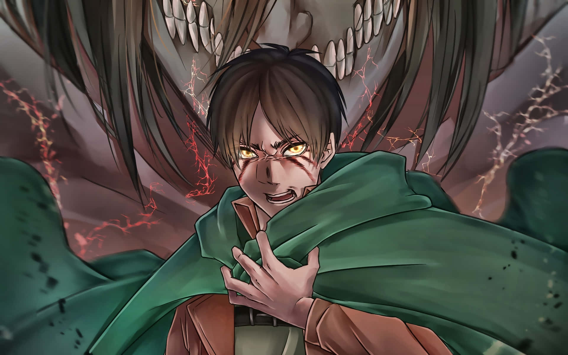 Eren Yeager boldly engages a Titan in combat Wallpaper