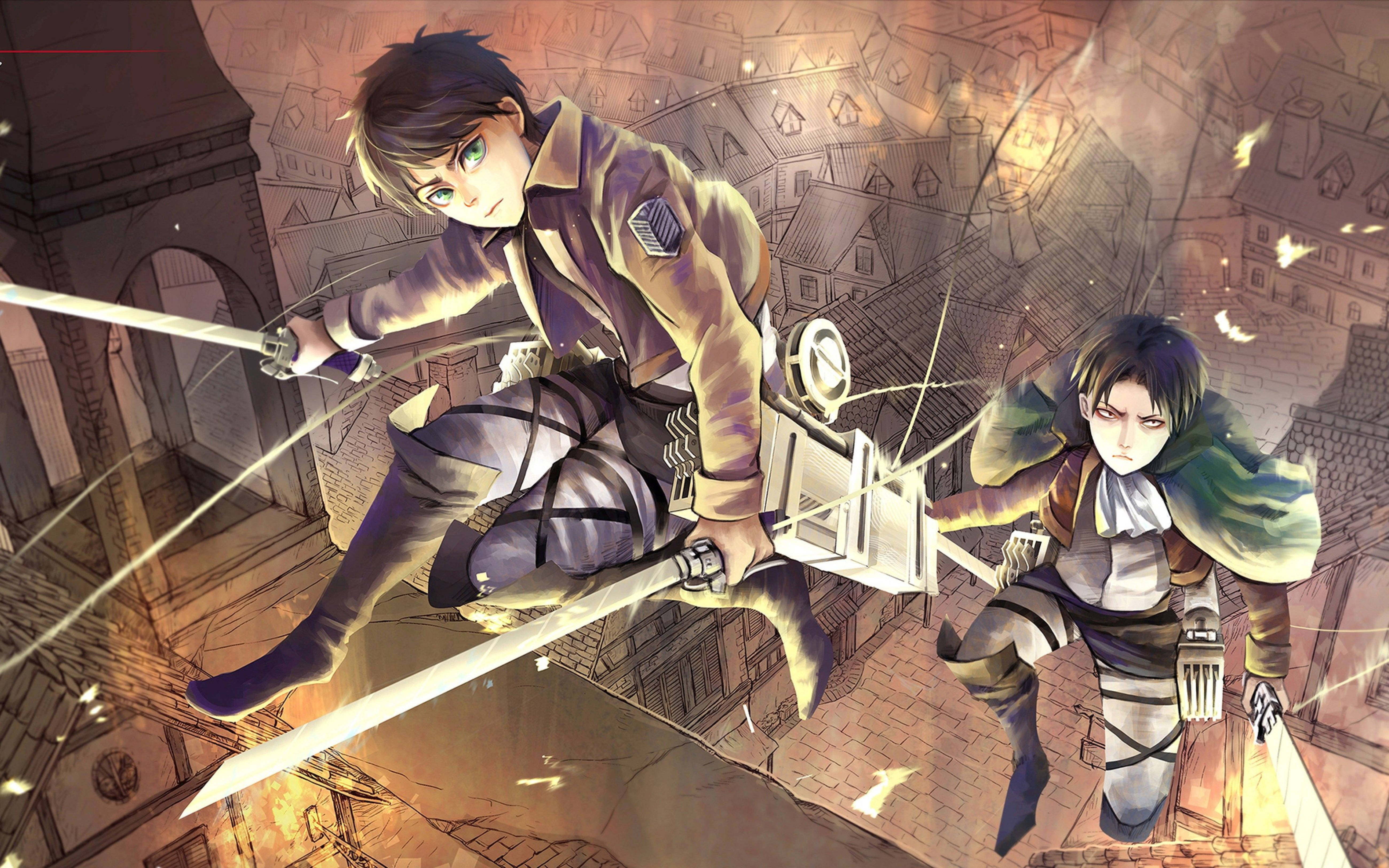 Attack On Titans 4k Eren And Levi Iron Rods Wallpaper