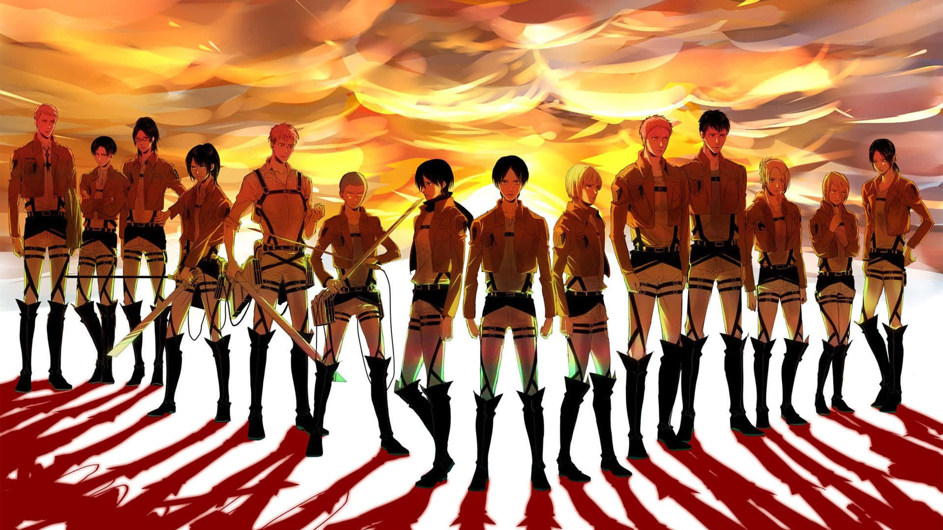 Attack On Titan Personages Zonsondergang Silhouet Achtergrond