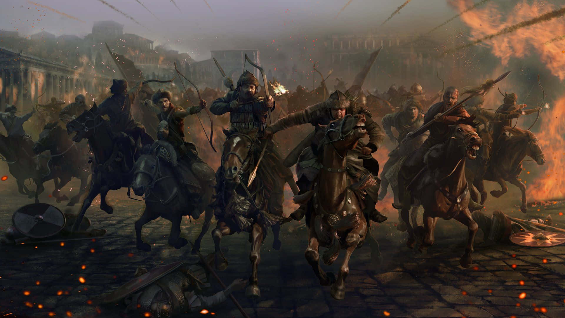 A Group Of Men On Horses In A City Wallpaper