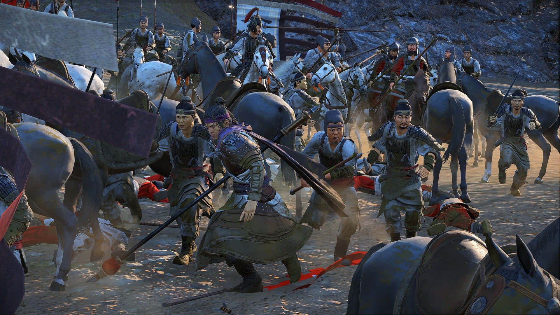 En gruppe mænd på heste er i en kamp Wallpaper