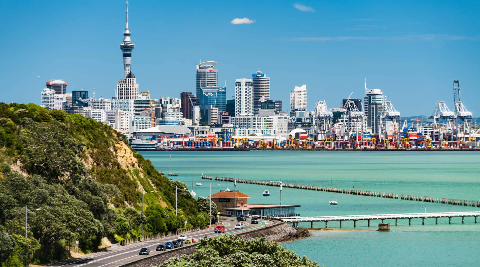 Auckland Sky Tower En Stadsgezicht Achtergrond