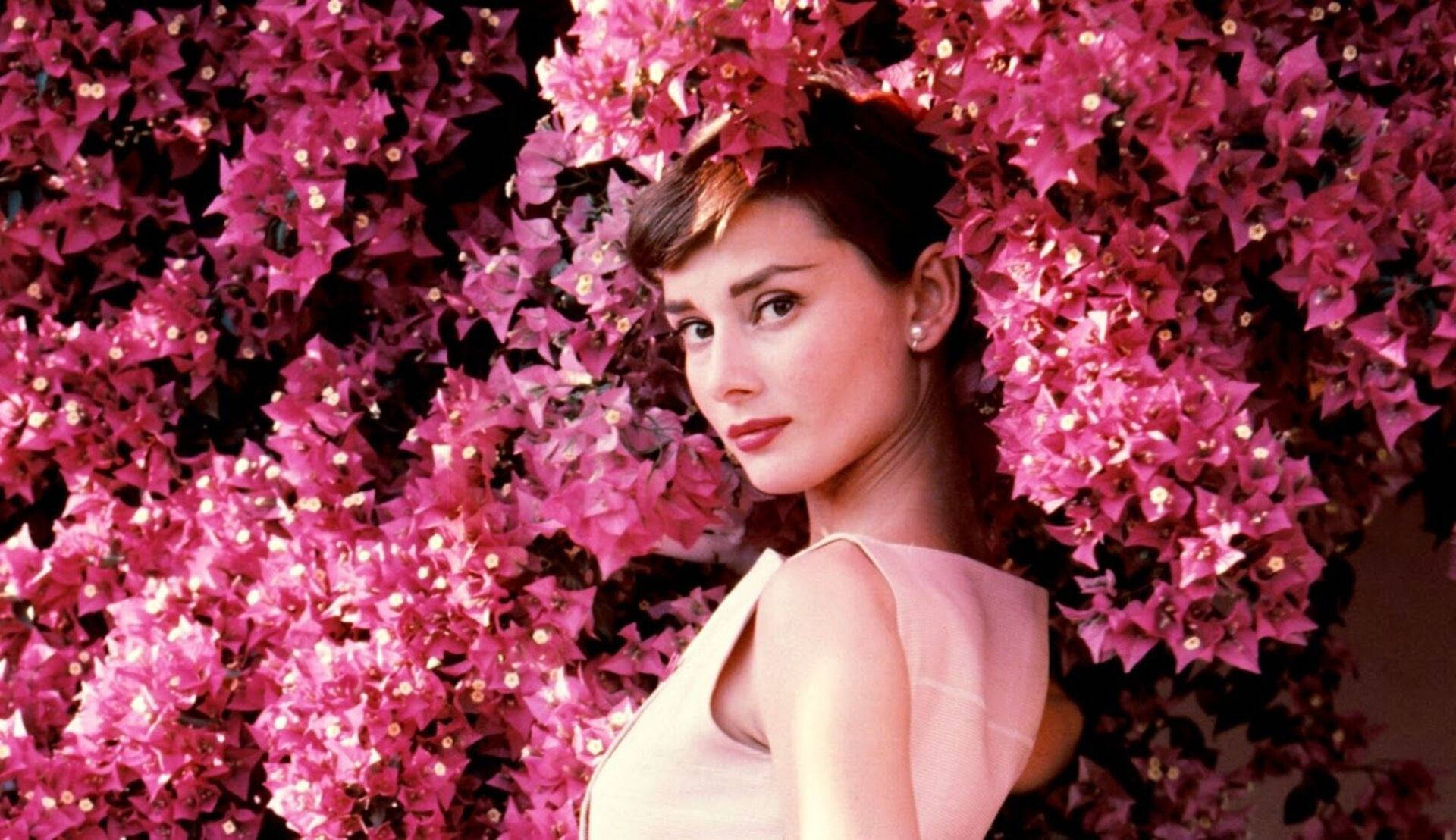 Audrey Hepburn Pink Flowers Photoshoot Wallpaper