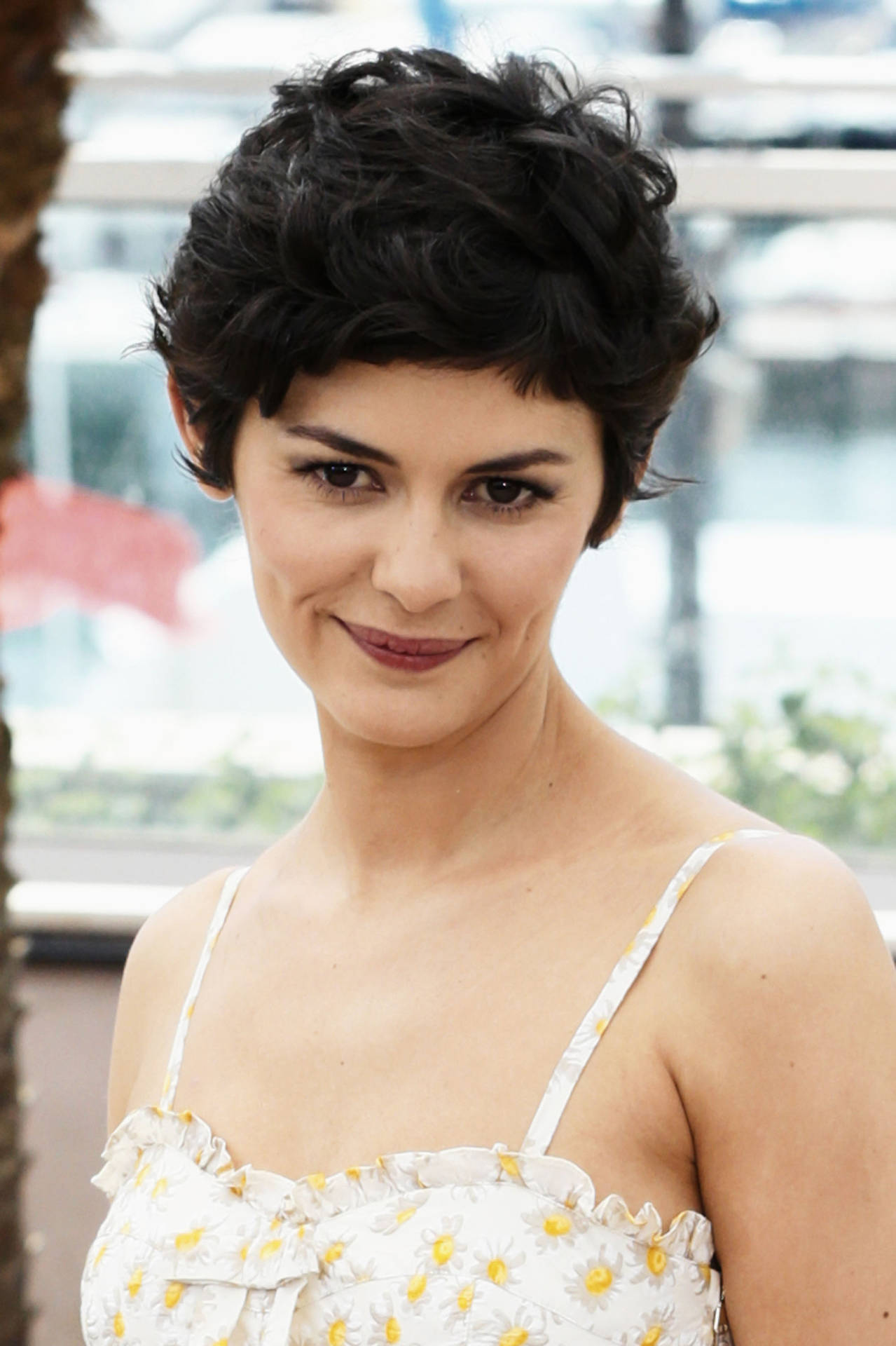 Audrey Tautou wearing a chic pixie cut hairstyle and elegant white dress. Wallpaper
