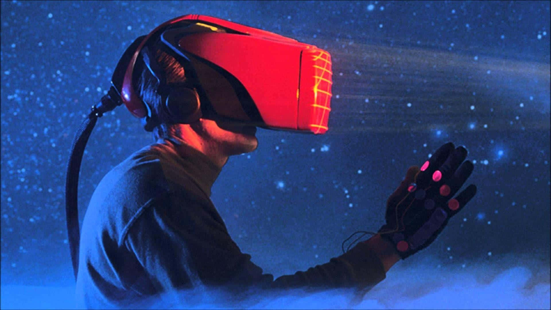 Unhombre Usando Un Casco De Realidad Virtual En El Cielo. Fondo de pantalla