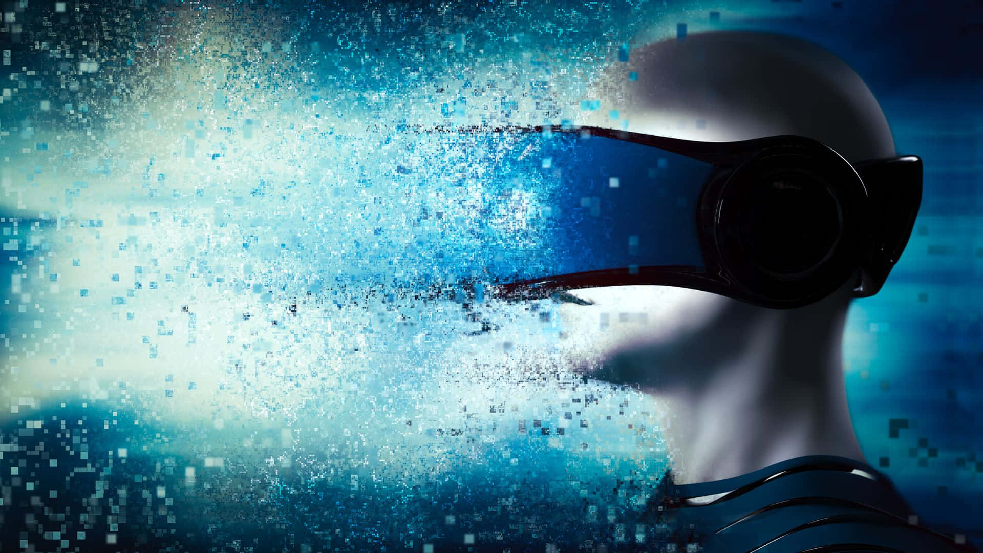 A Man Wearing A Vr Headset With A Blue Background Wallpaper
