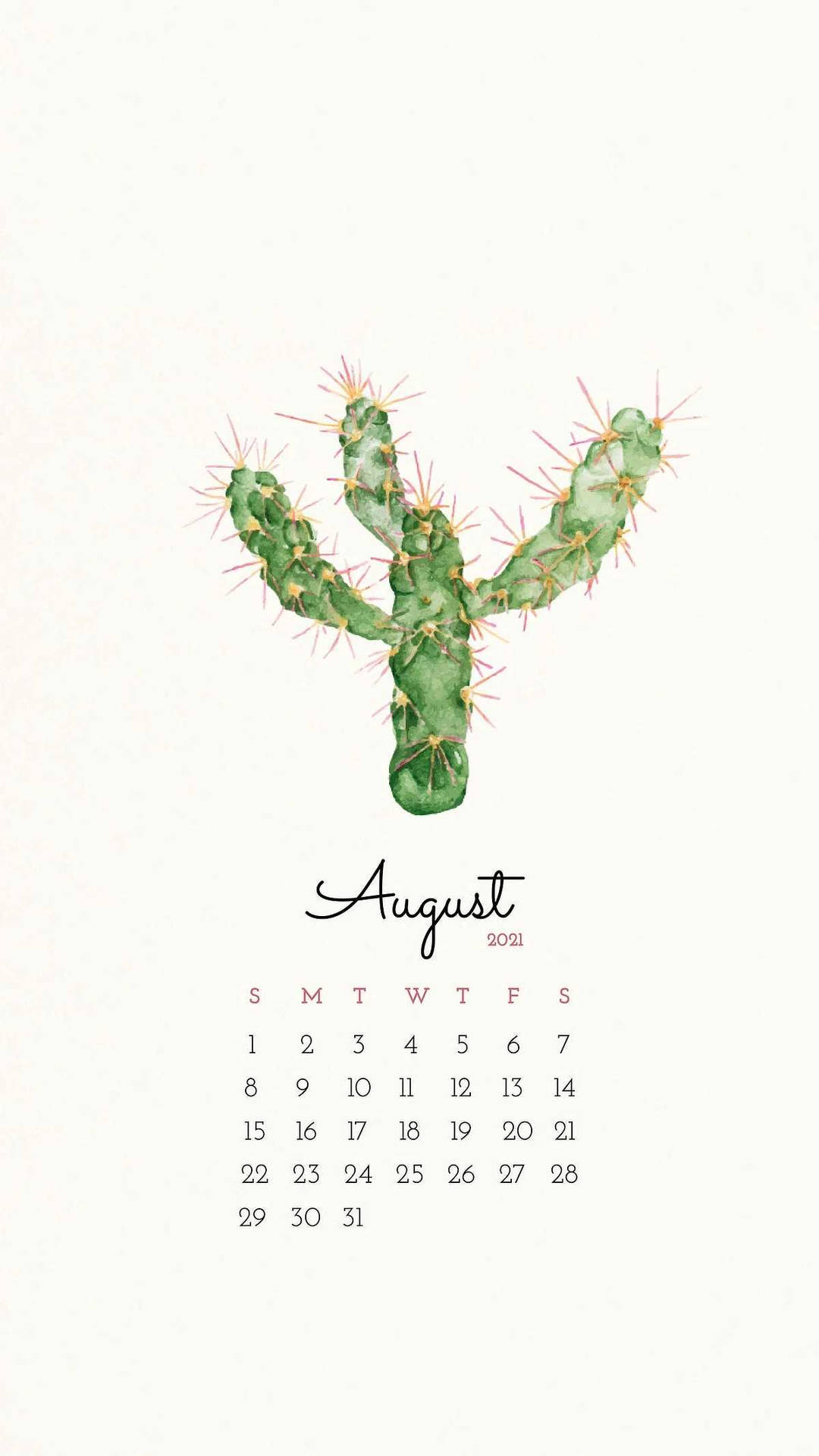 August 2021 Calendar Cactus Art Background