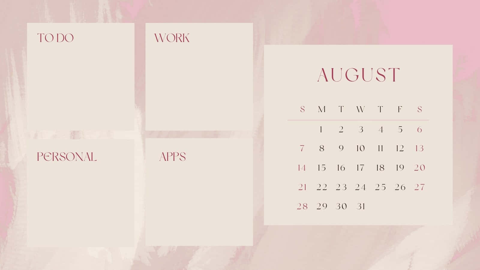 August Desktop Organizer Calendar Wallpaper