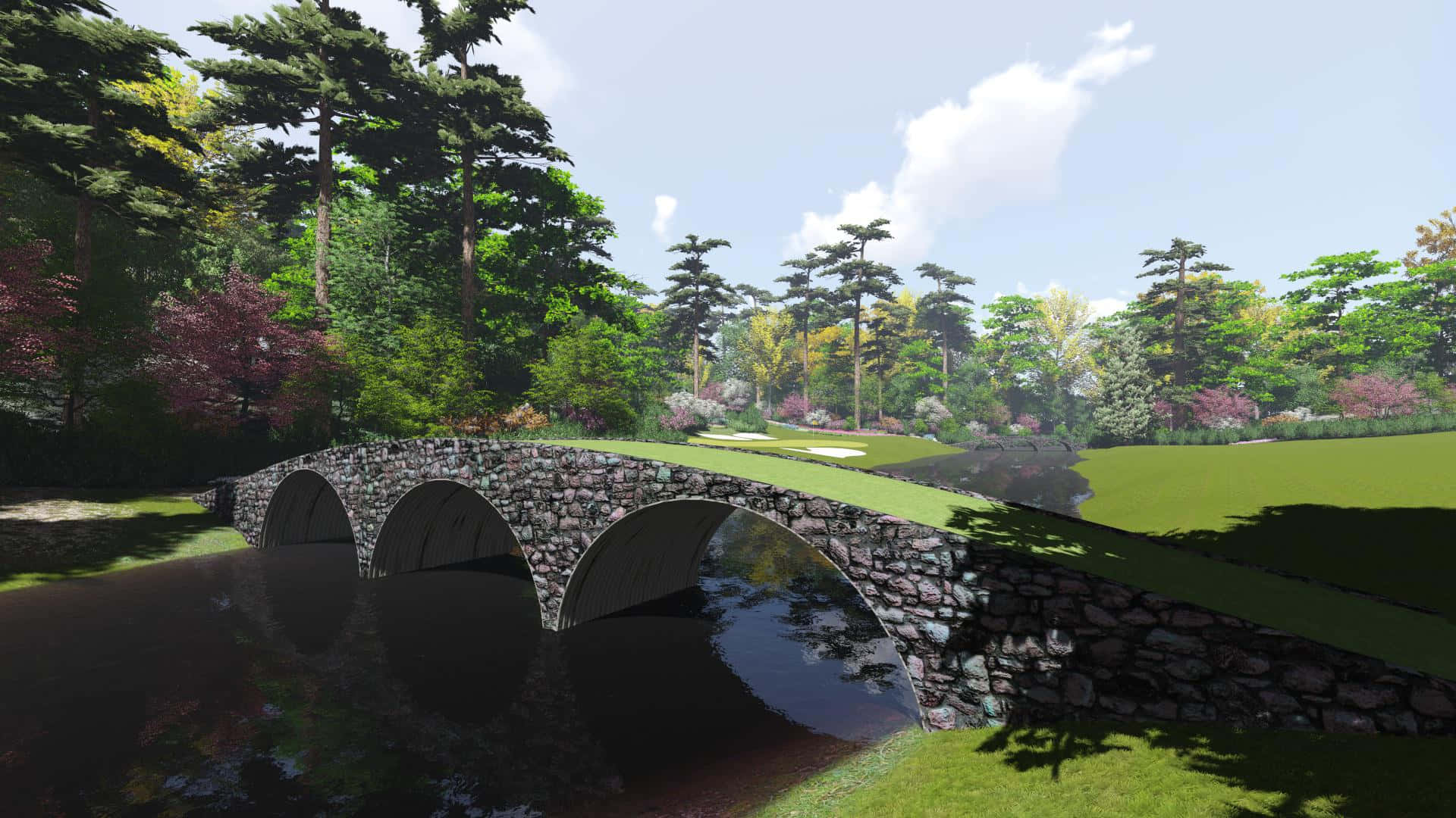 A Bridge Over A River In A Golf Course Wallpaper