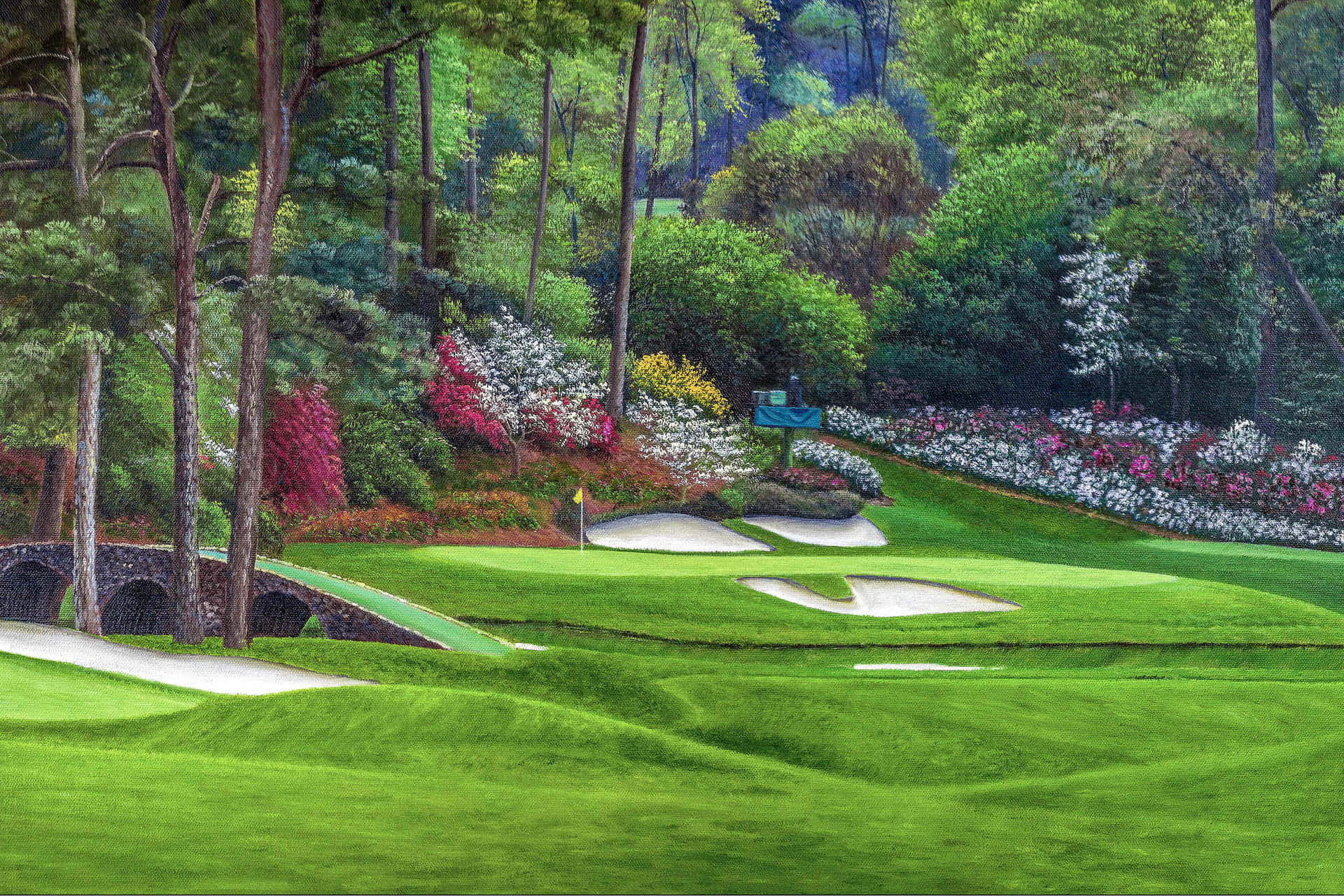 A Painting Of A Golf Course With Trees And Green Grass Wallpaper