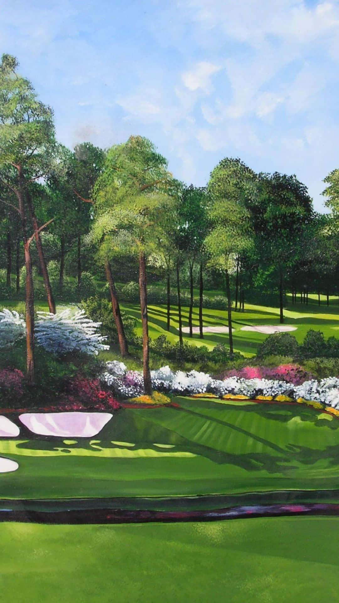 En maleri af en golfbane med træer og grønt græs Wallpaper