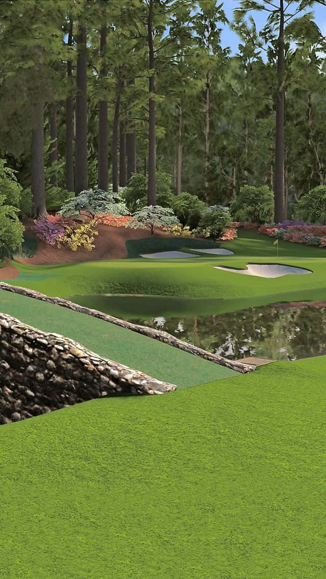 A Golf Course With A Pond And Trees Wallpaper