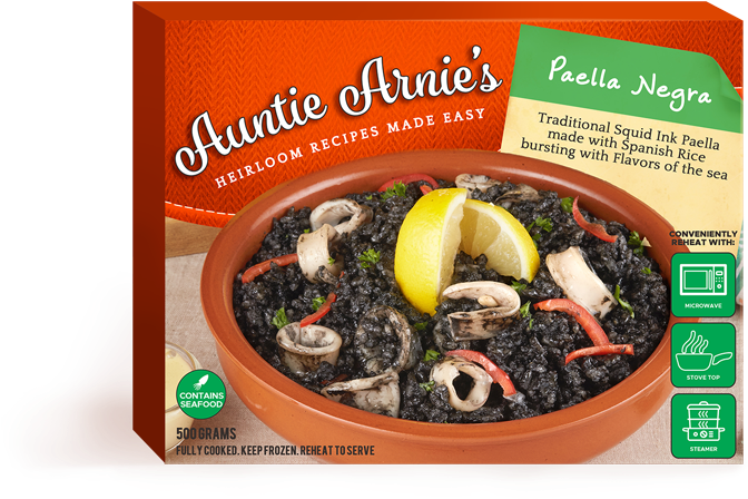 Auntie Arnies Frozen Paella Negra Packaging PNG