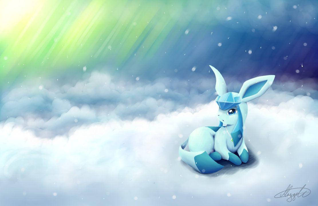 Illuminated by the vibrant Northern Lights, Glaceon rises towards a star-filled night sky Wallpaper