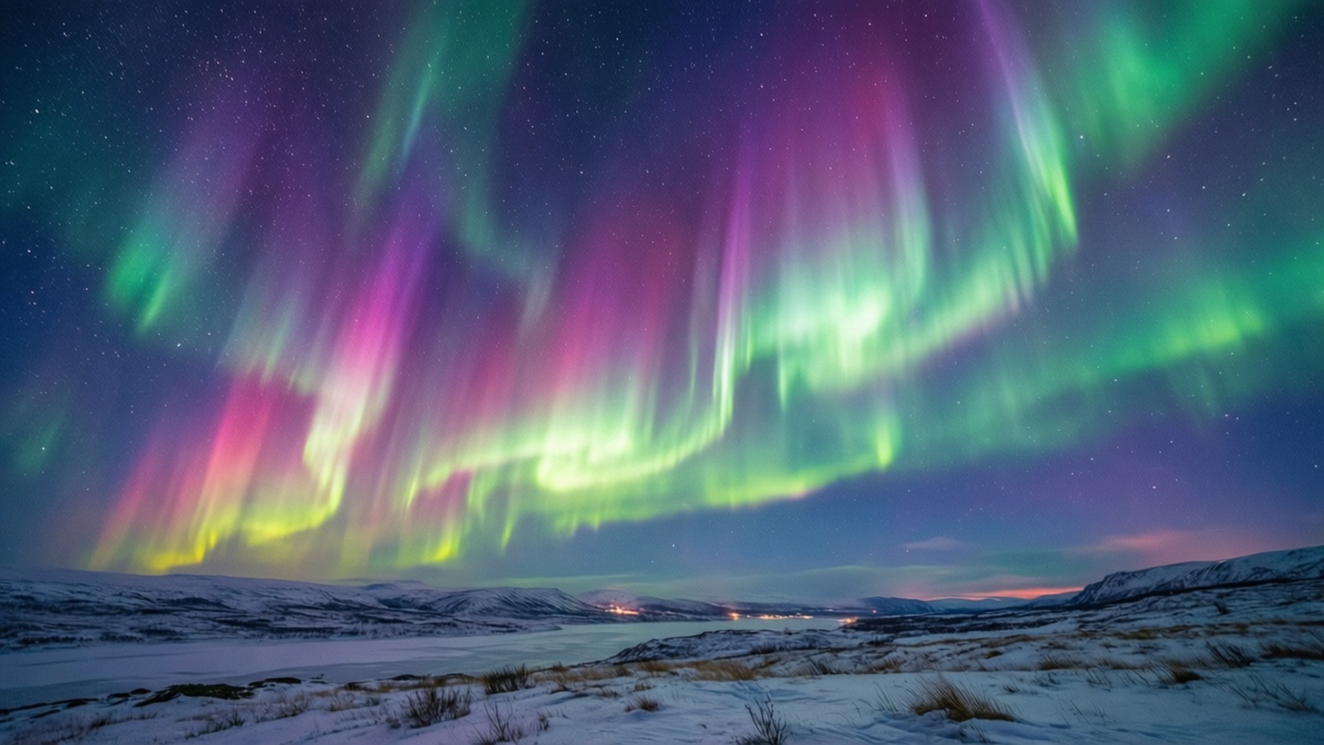 Magiskt norrsken över snö, eterisk himmel bakgrundsbild