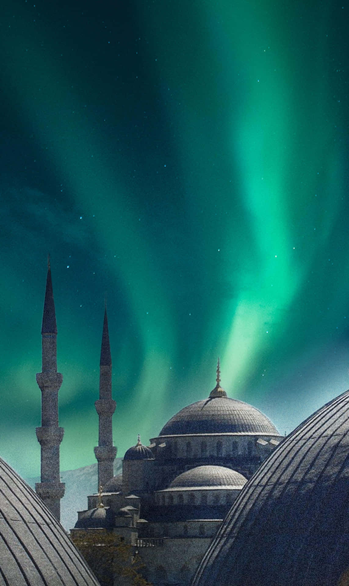 Aurora Over Mosque Night Sky Wallpaper