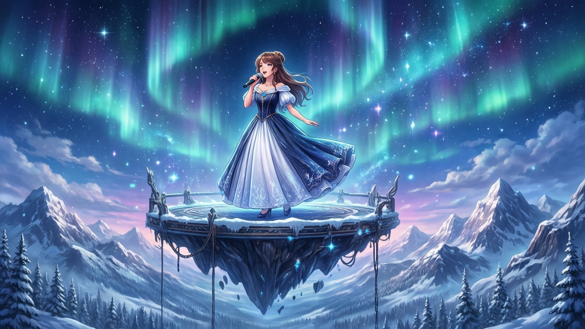 Belle singing on a floating platform under northern lights, magical winter landscape.