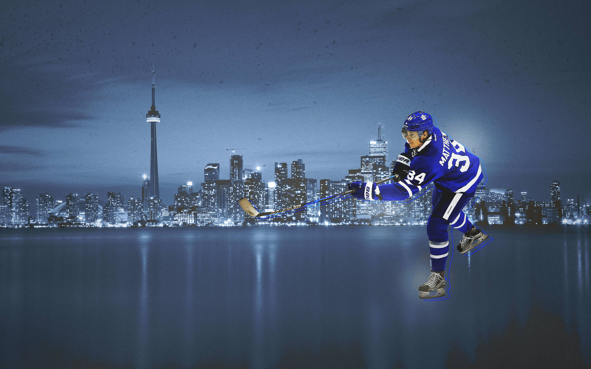 Auston Matthews Cityscape Baggrundsbillede - Dette billede viser Auston Matthews fra Toronto Maple Leafs glidende gennem byens skyskabere. Wallpaper