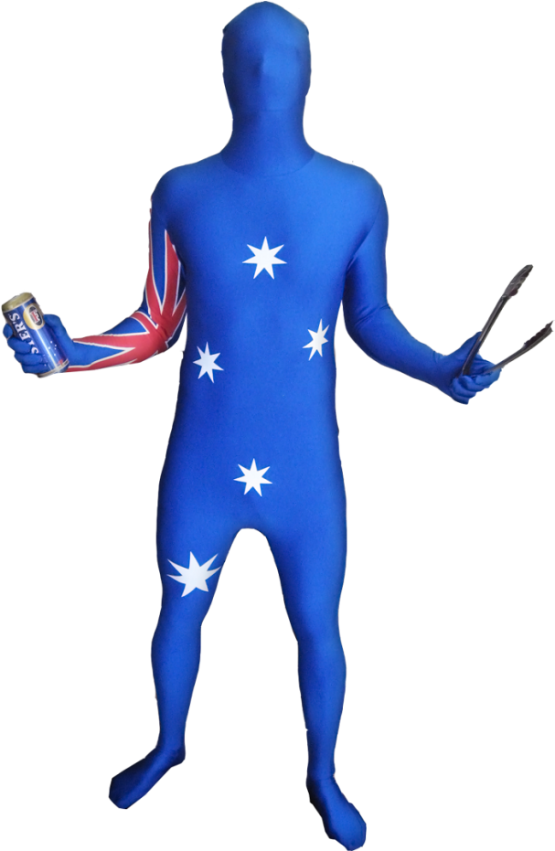 Australia Themed Morphsuit Holding Flagand Snag PNG